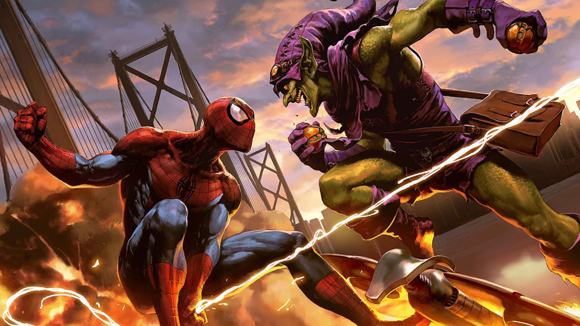Spider-Man vs. Green Goblin on a Bridge HD Wallpaper