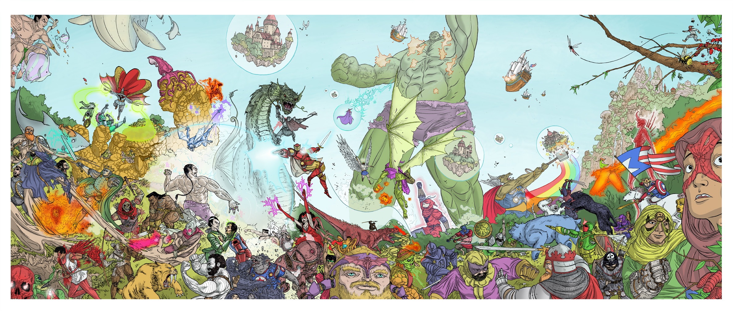 Marvel characters and mythical creatures in a fantasy landscape HD Wallpaper