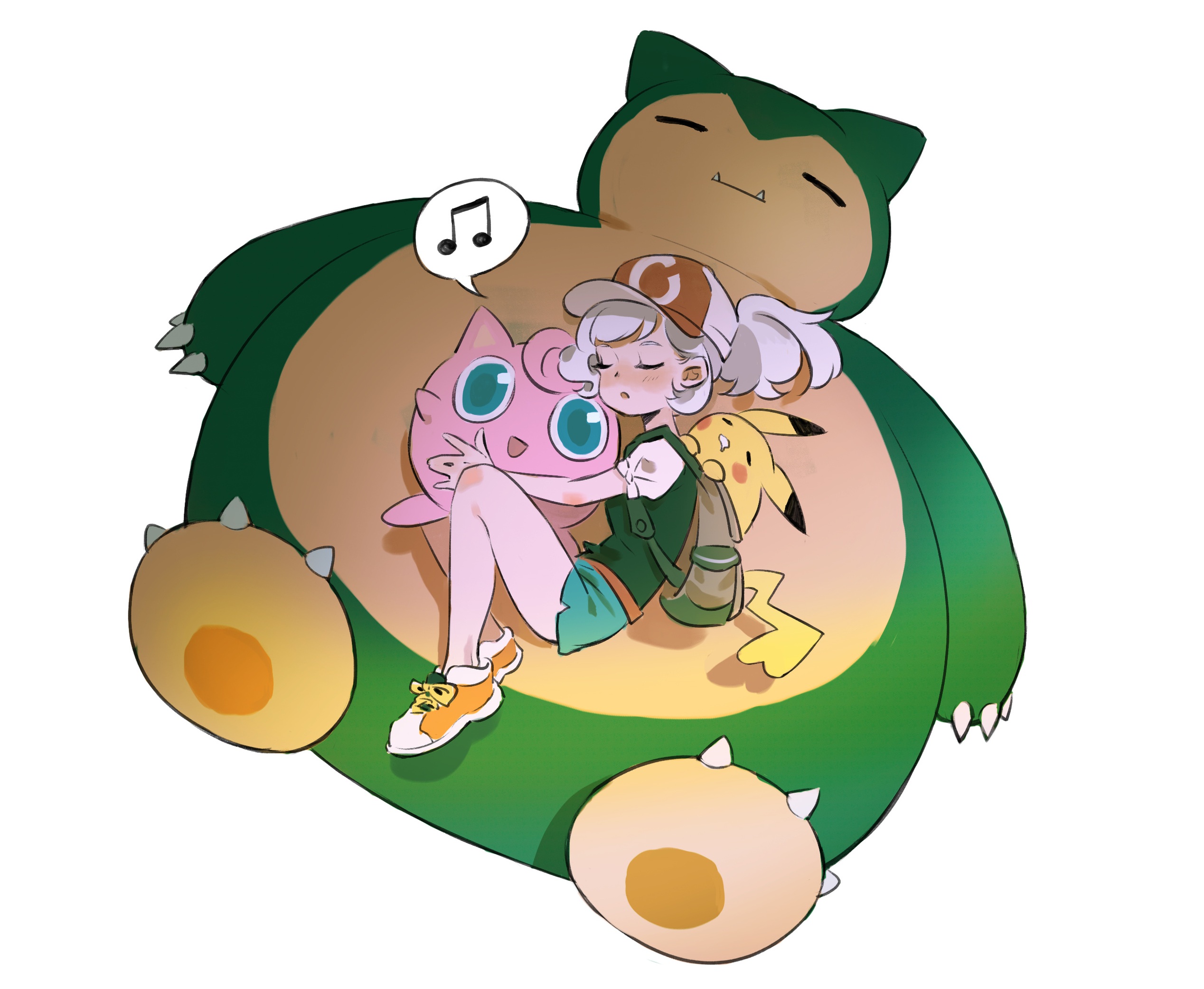 Girl sleeping with Jigglypuff and Pikachu on Snorlax HD Wallpaper
