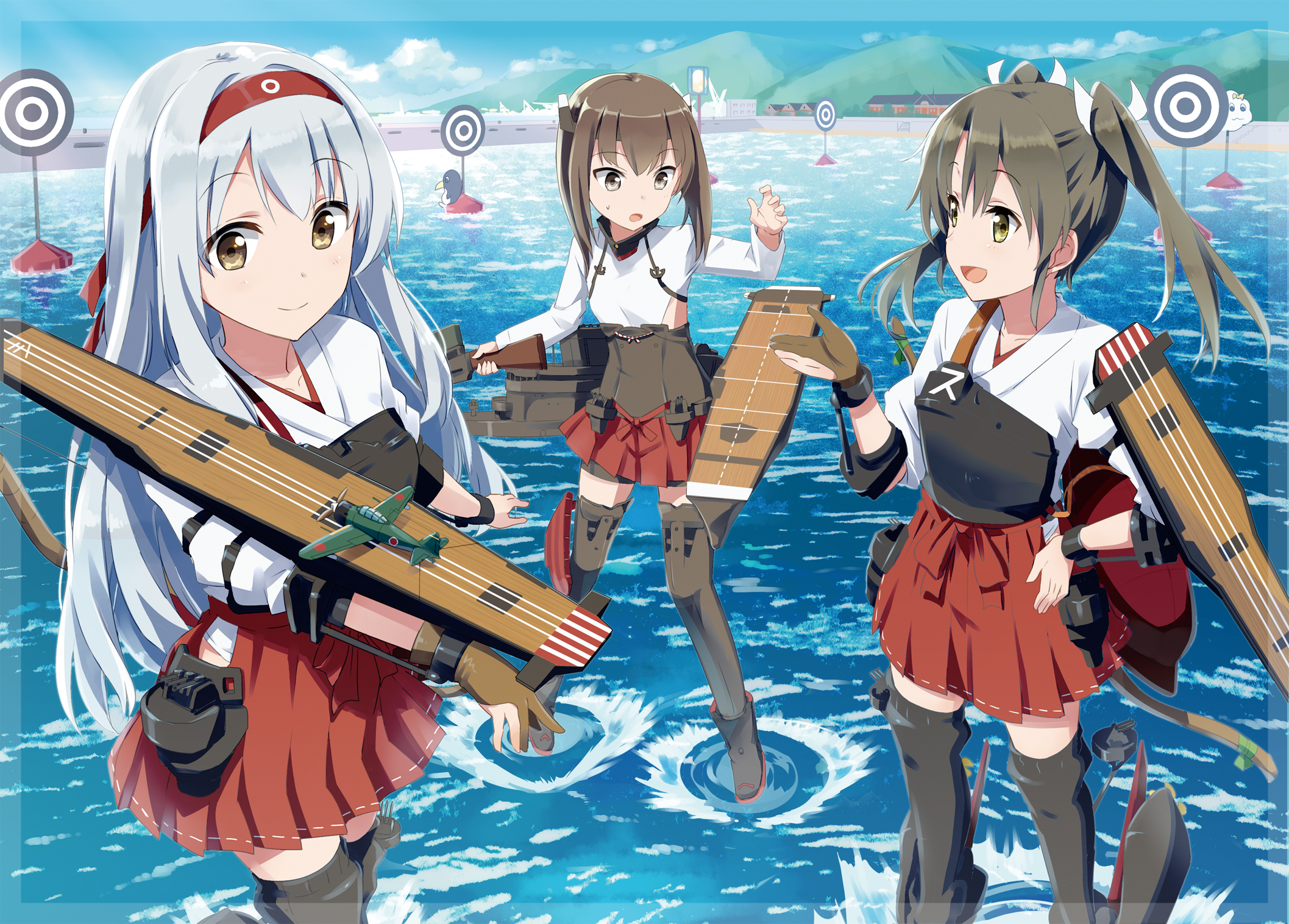 Three anime girls from Kantai Collection on the water HD Wallpaper