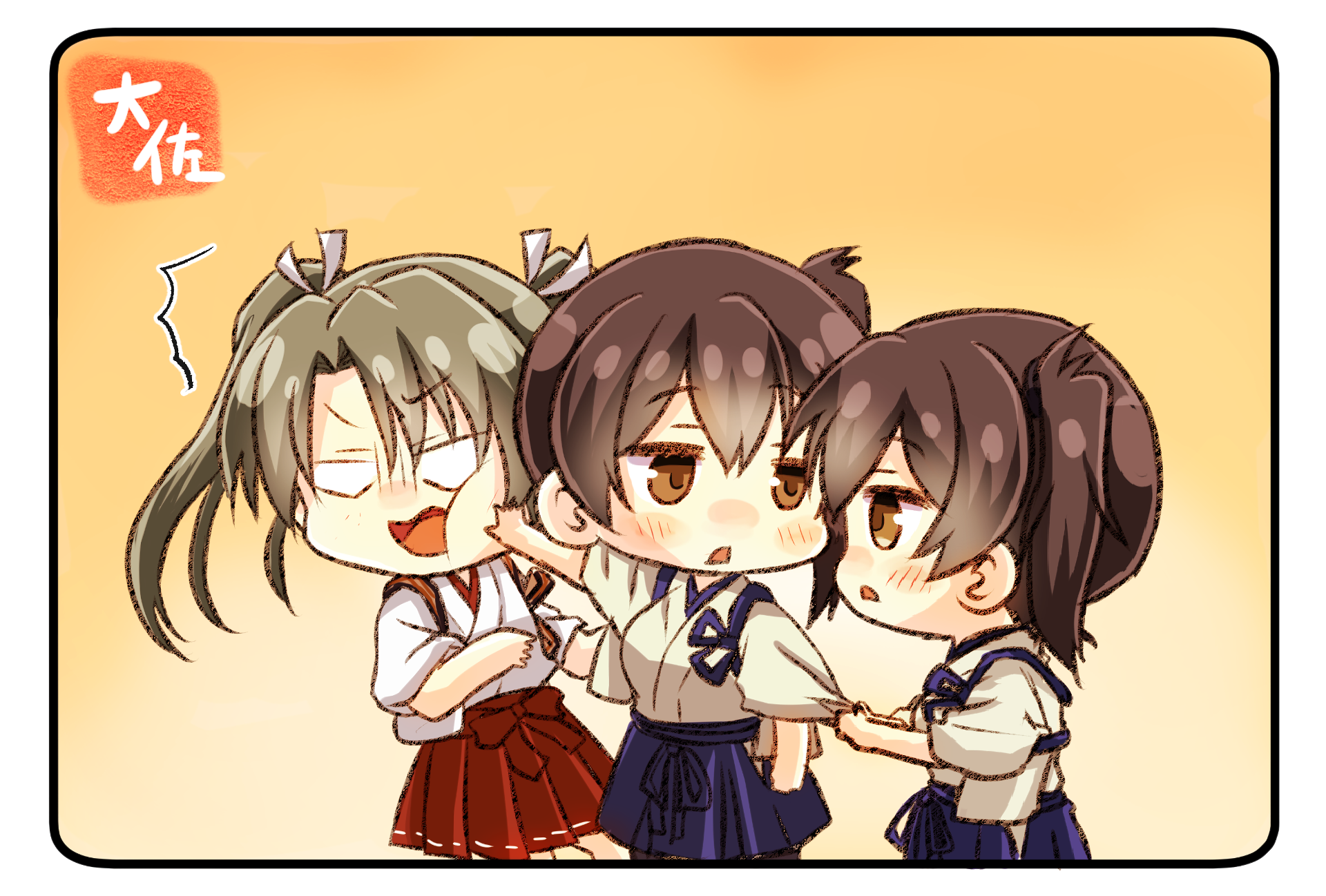 Three girls in sailor uniforms, one pulling another's sleeve HD Wallpaper