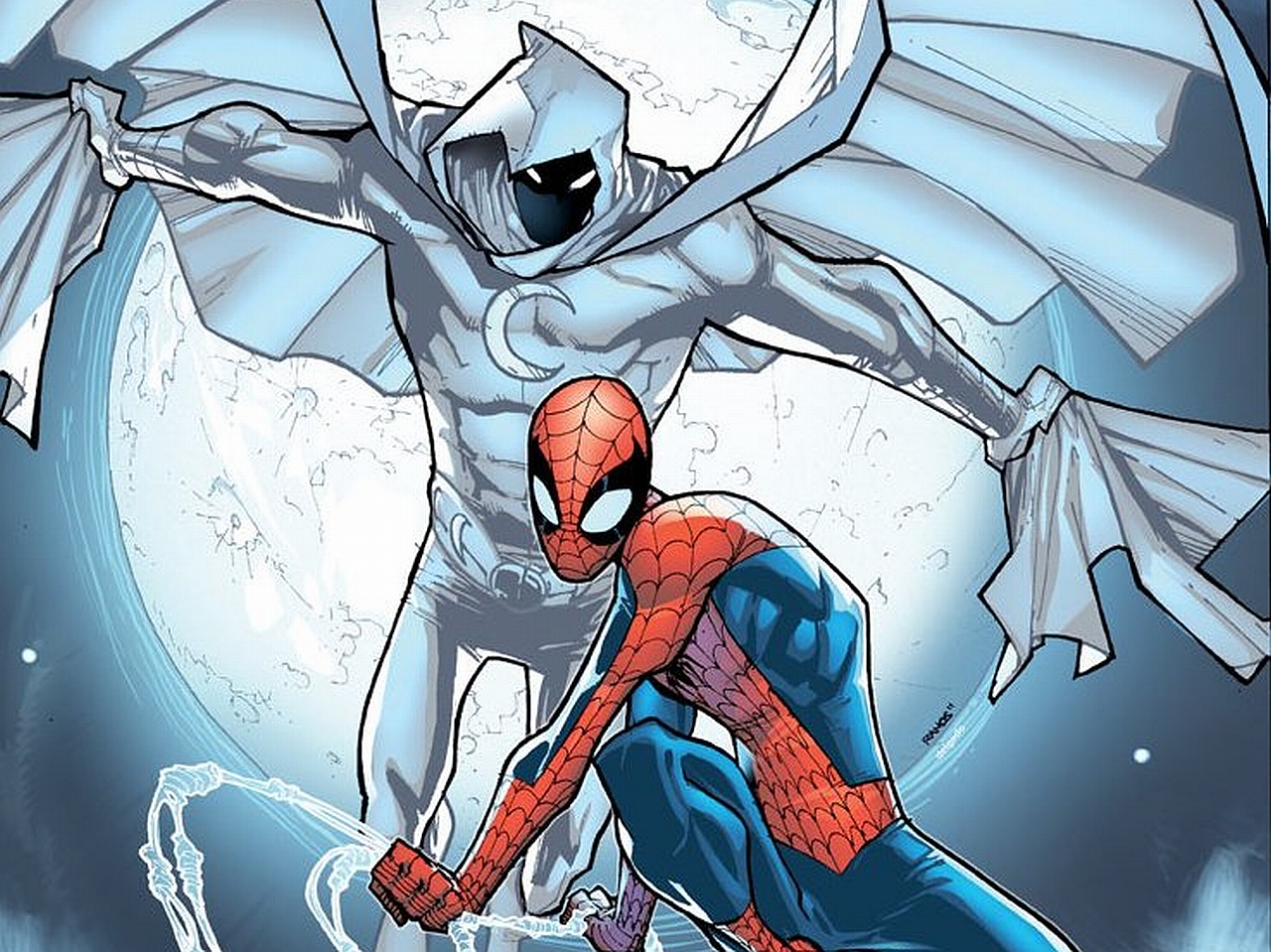 Spider-Man and Moon Knight in front of the moon HD Wallpaper