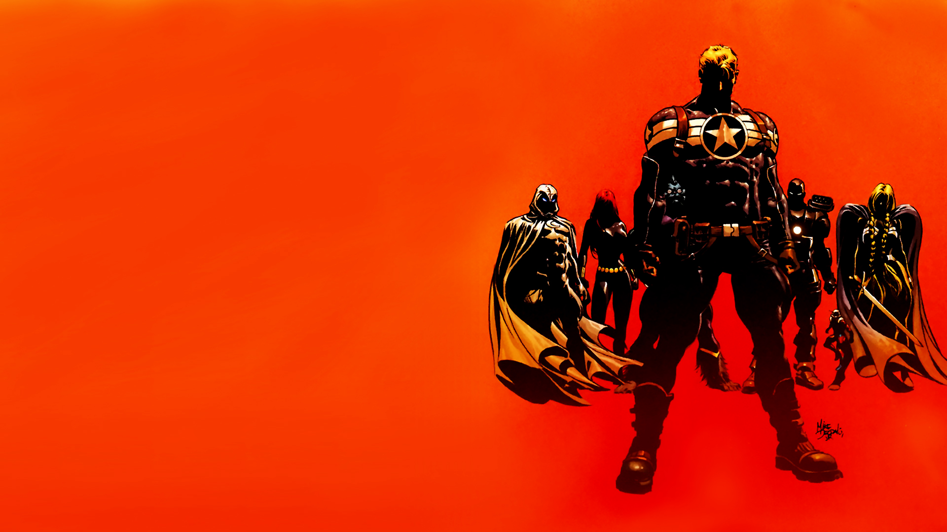 Moon Knight and other Marvel characters on orange background HD Wallpaper