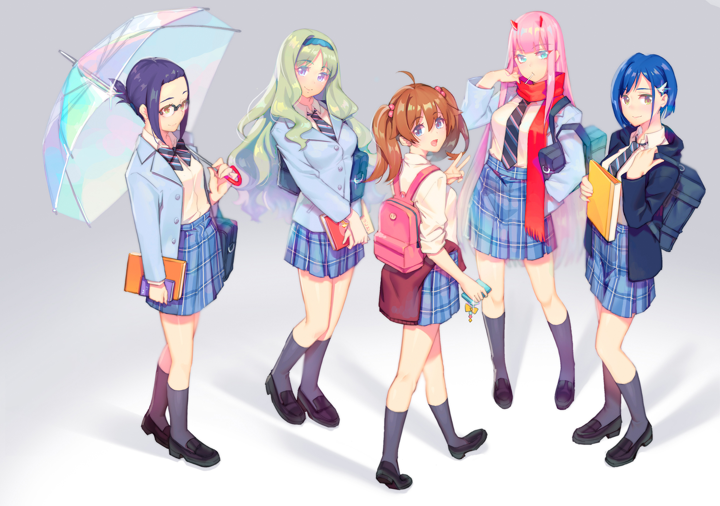Five anime girls in school uniforms with books and umbrellas HD Wallpaper