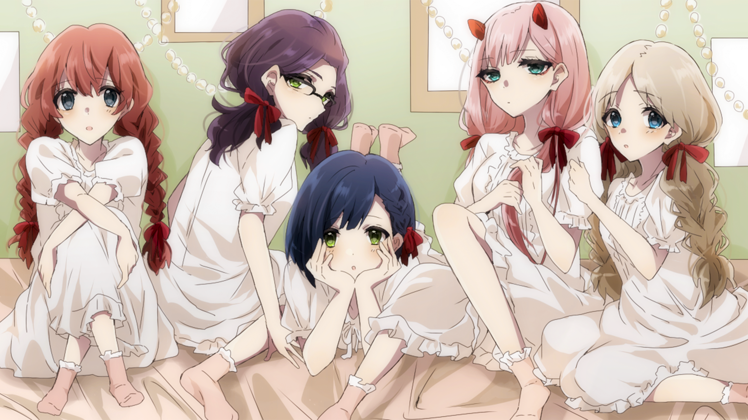Five girls in nightgowns on a bed HD Wallpaper