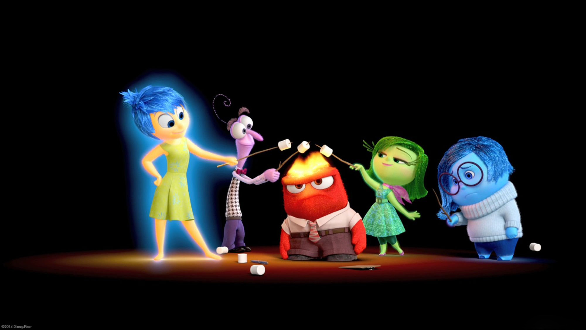 Characters from Inside Out roasting marshmallows HD Wallpaper