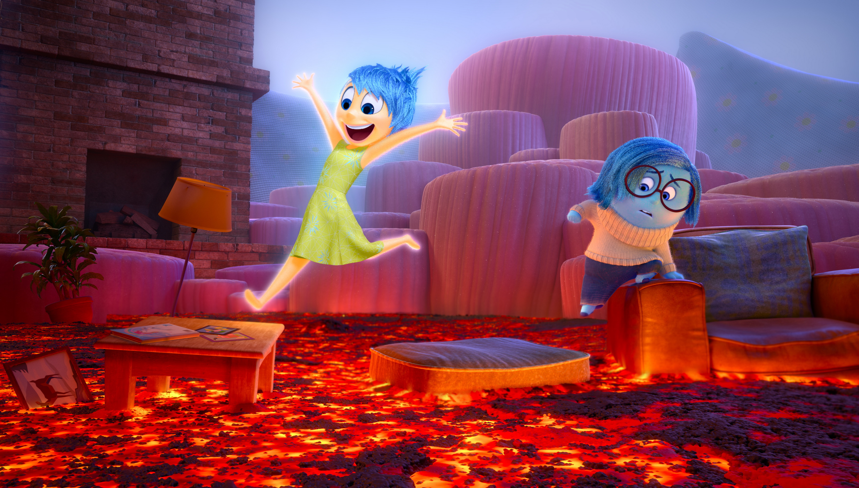 Joy and Sadness from Inside Out in a lava-filled room HD Wallpaper
