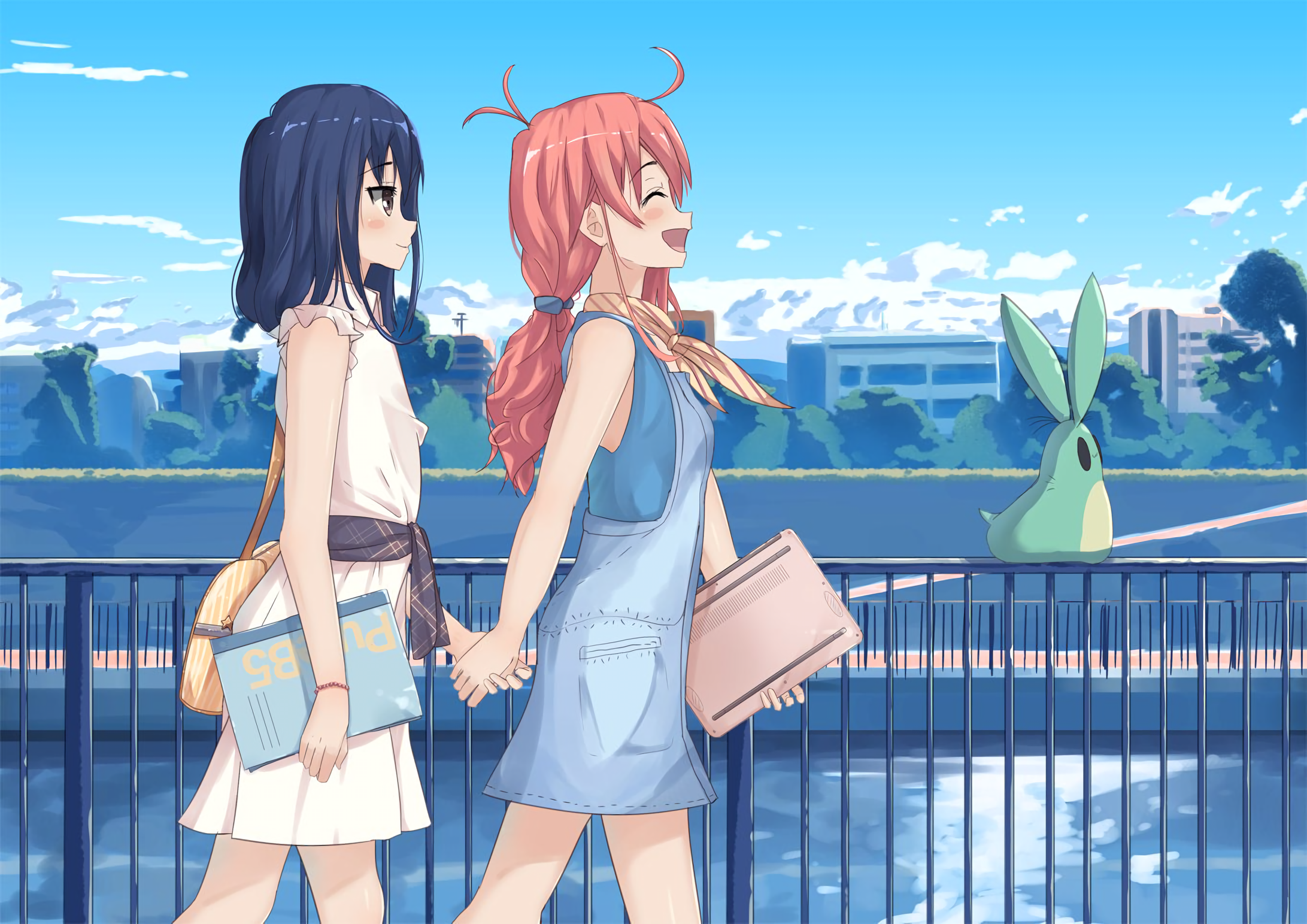 Two girls and a creature walking by a river HD Wallpaper