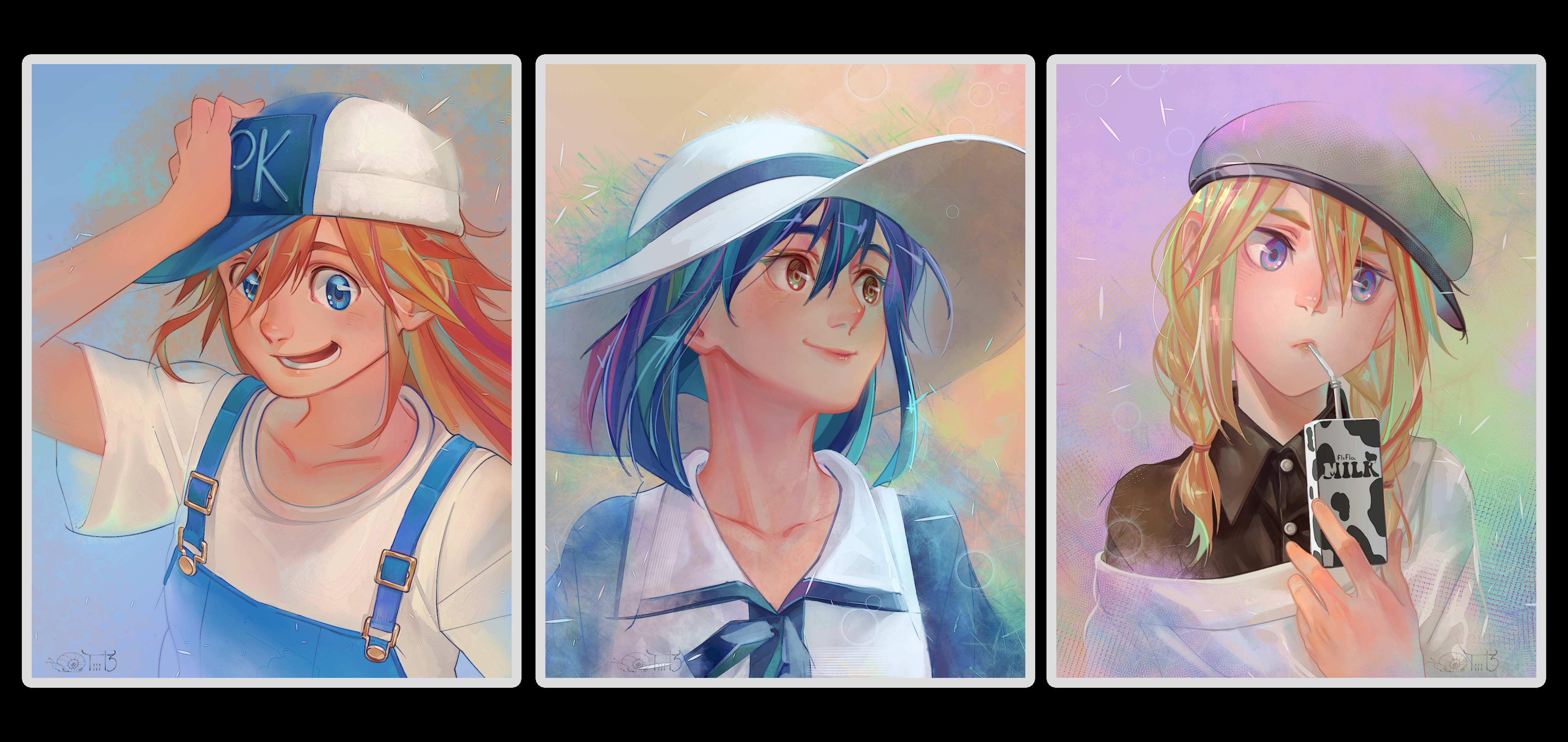 Three anime girls in summer outfits HD Wallpaper