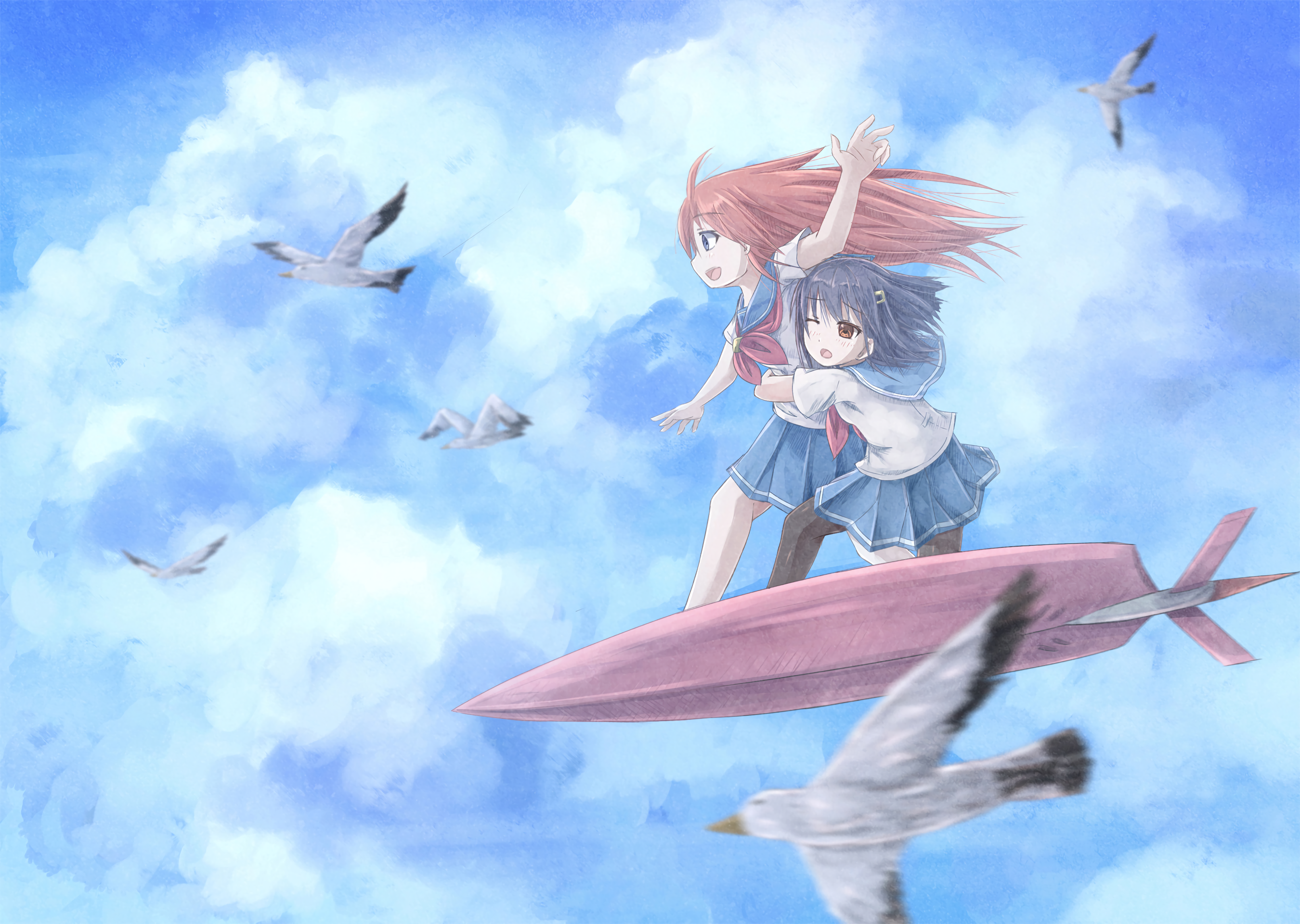 Two girls on a pink flying object with seagulls HD Wallpaper