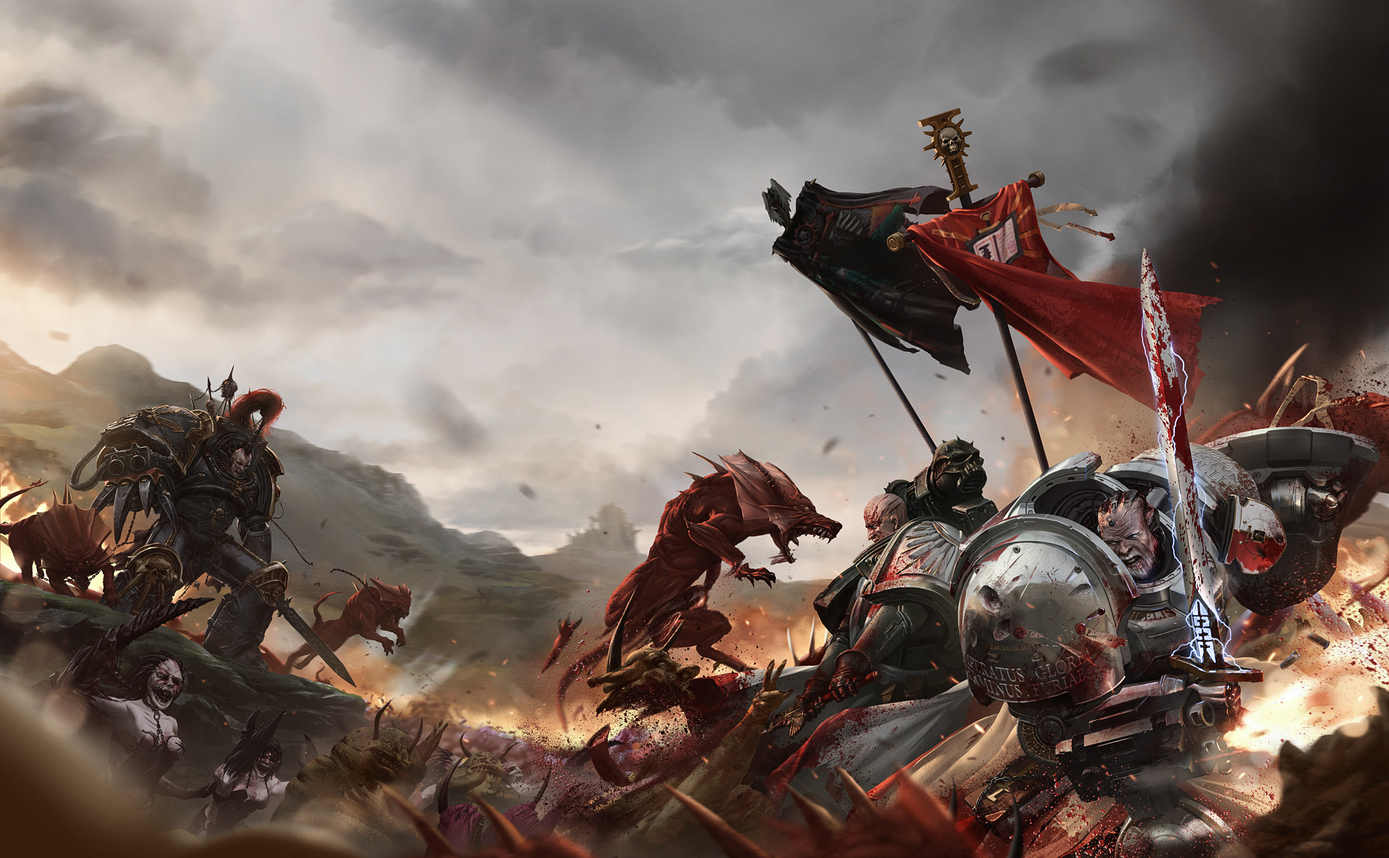 Warhammer 40,000 Space Marines battle aliens HD Wallpaper