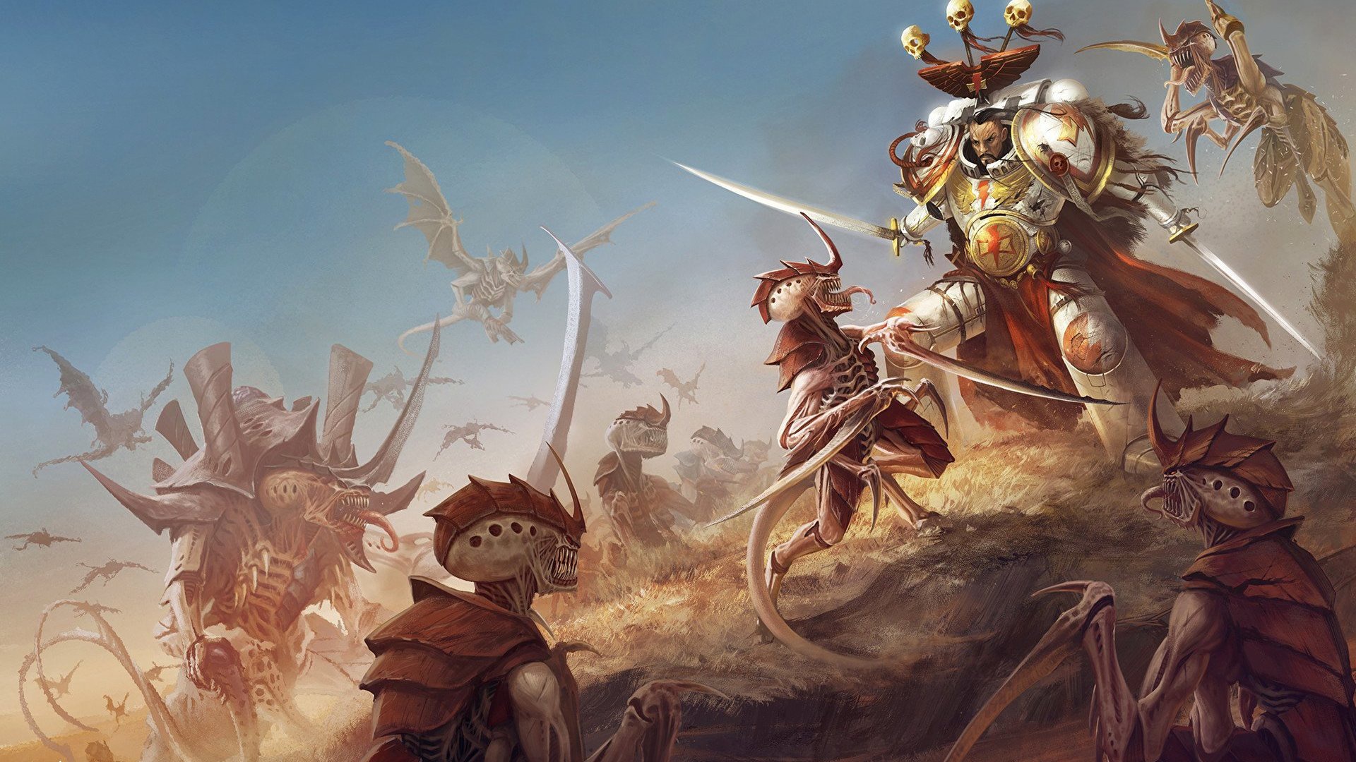 Space Marine fighting Tyranids on a desert planet HD Wallpaper