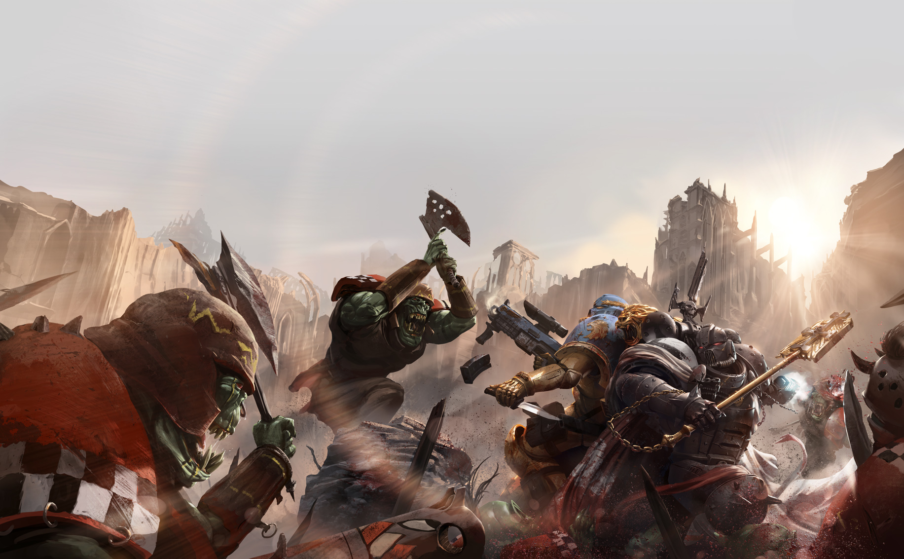 Space Marines fighting Orks in a desolate landscape HD Wallpaper