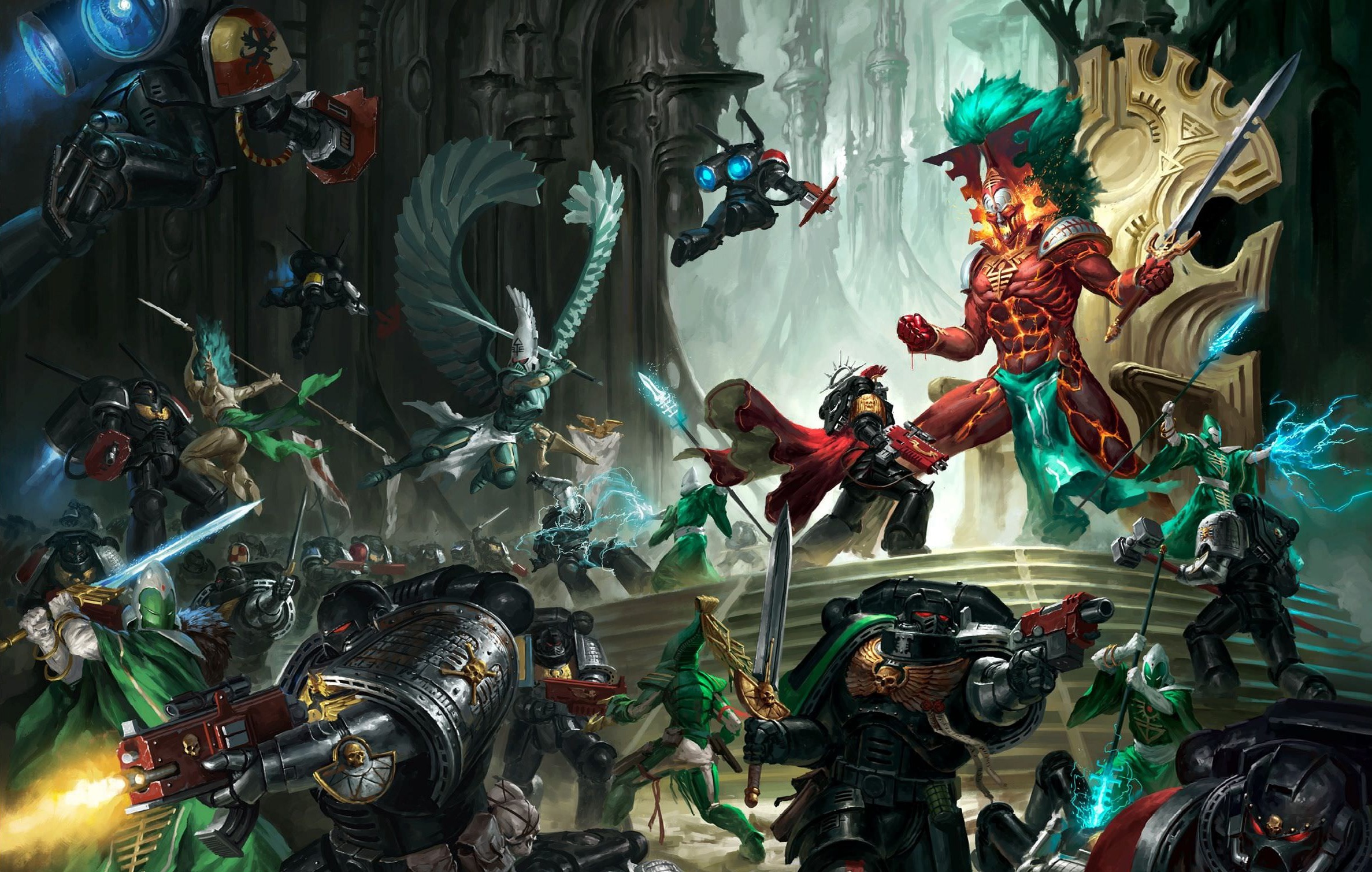 Space Marines fighting Eldar in a grand hall HD Wallpaper