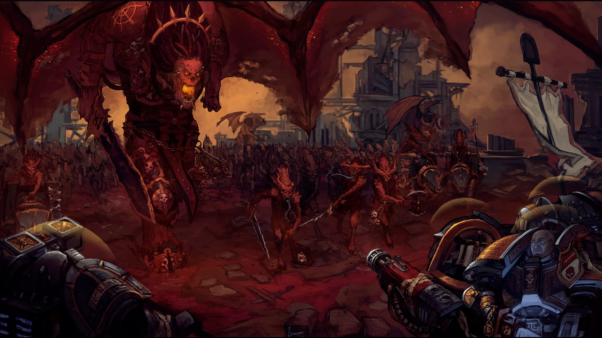 Space Marines fighting demons in a ruined city HD Wallpaper