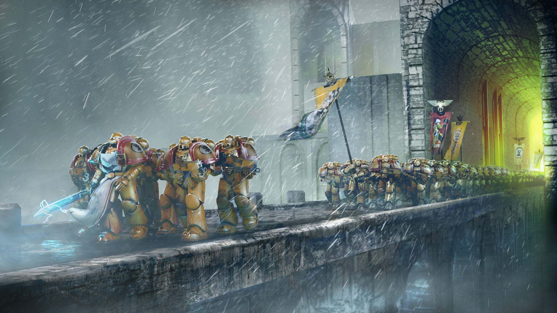 Space Marines marching in the rain HD Wallpaper