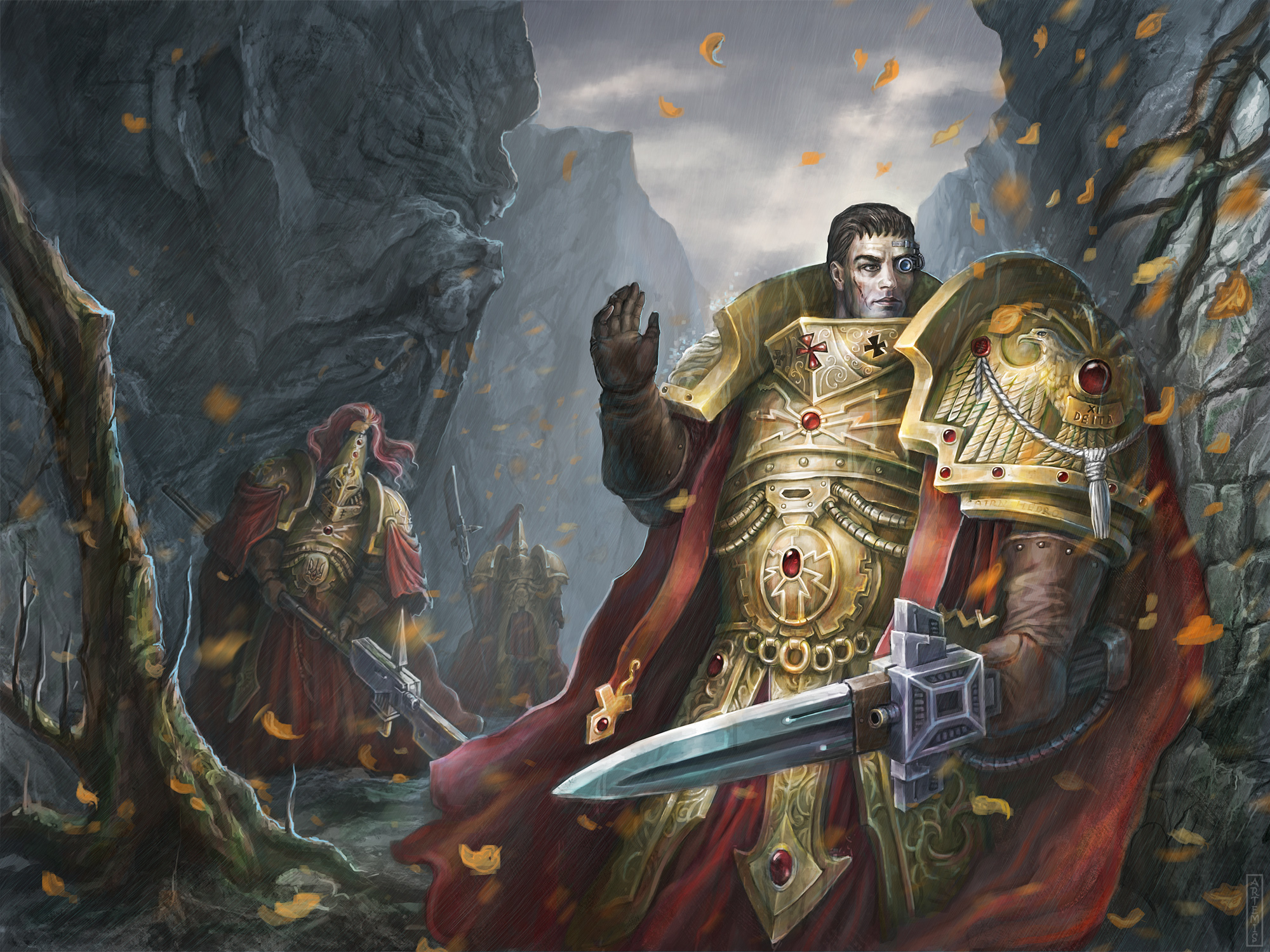 Space Marines in a rocky, autumnal landscape HD Wallpaper