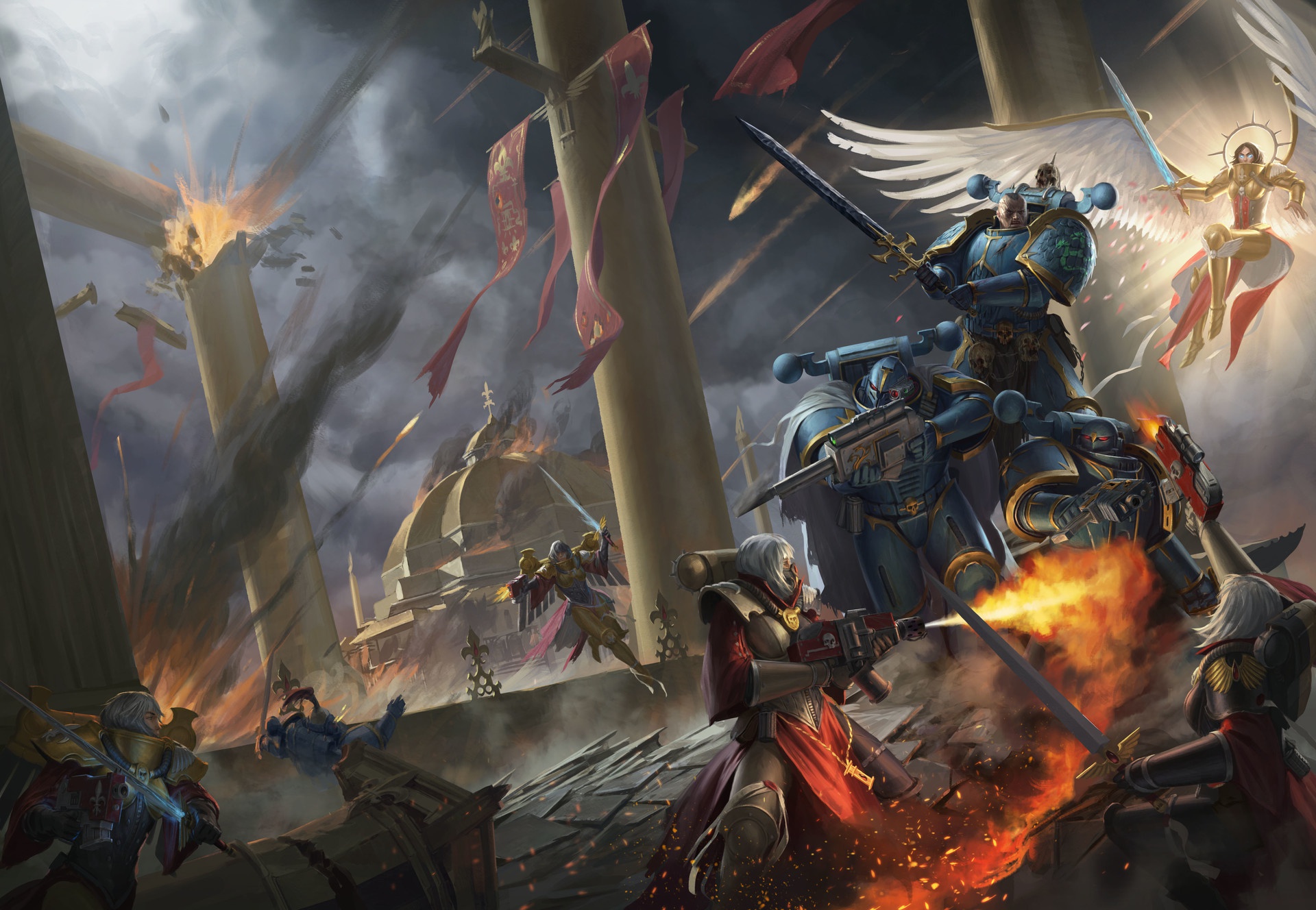 Space Marines fighting in a war-torn city HD Wallpaper