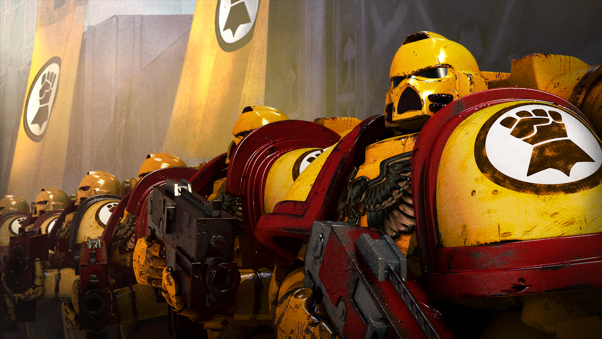 Space Marines in yellow armor with fist insignia HD Wallpaper
