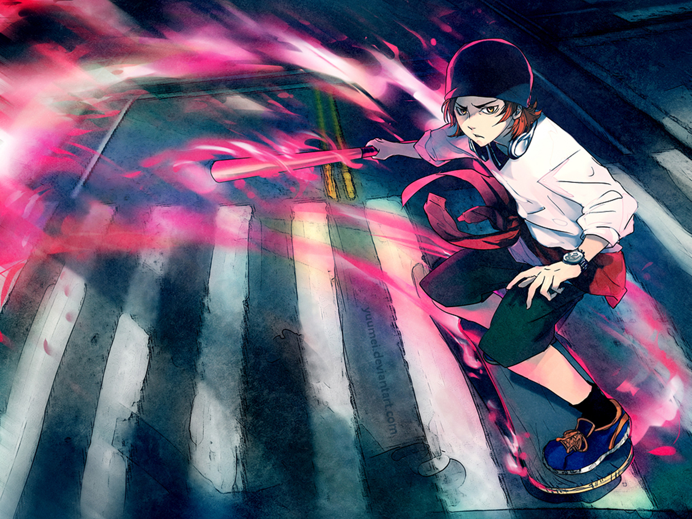 Misaki Yata on a skateboard with a baseball bat HD Wallpaper