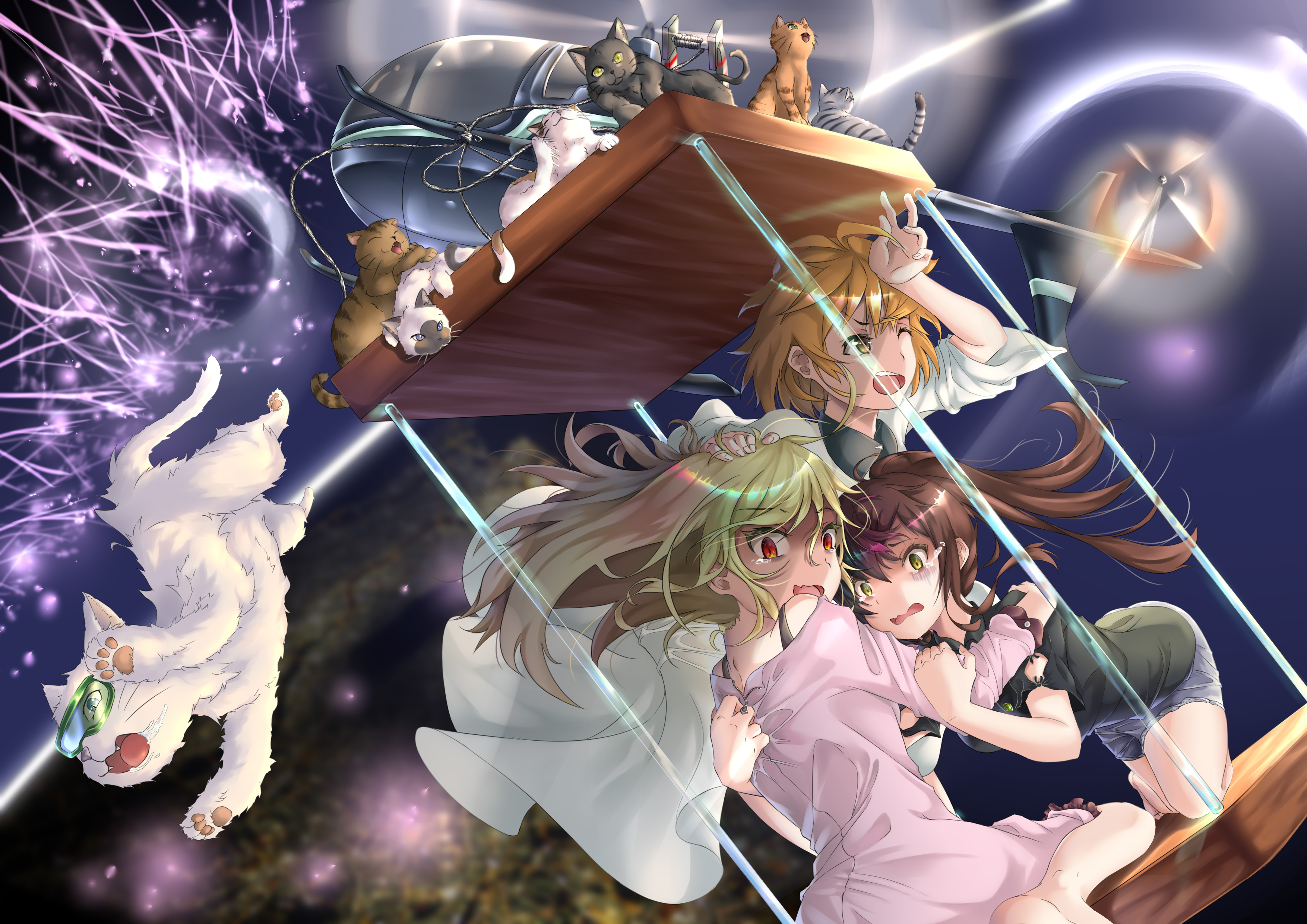 Anime girls and cats on a platform HD Wallpaper