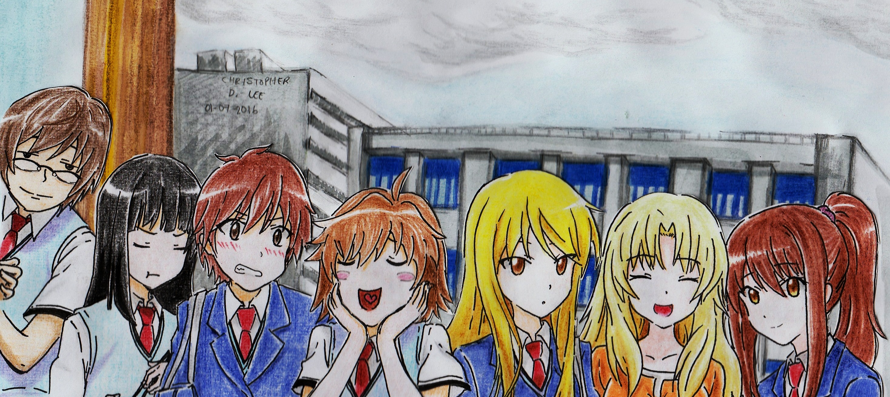 Group of anime students in front of a building HD Wallpaper