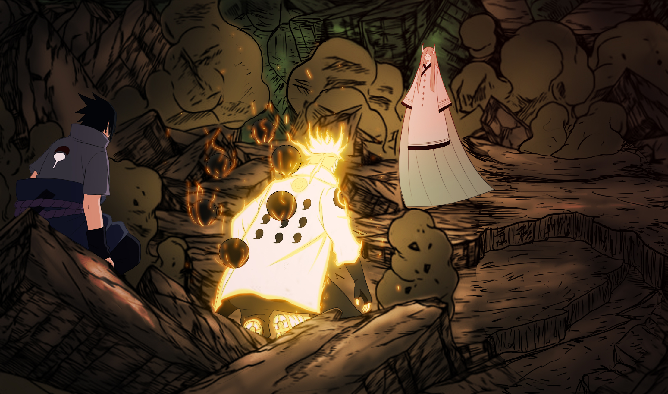 Naruto, Sasuke, and Kaguya Ōtsutsuki in a cave HD Wallpaper