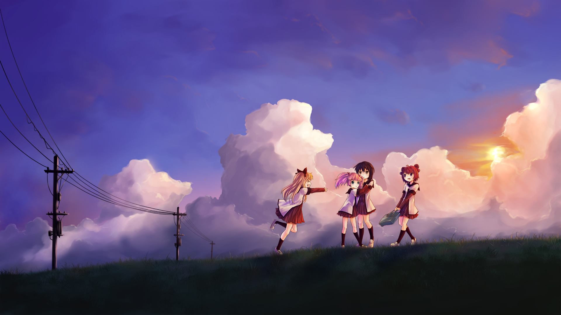 Four girls walking on a grassy hill at sunset HD Wallpaper
