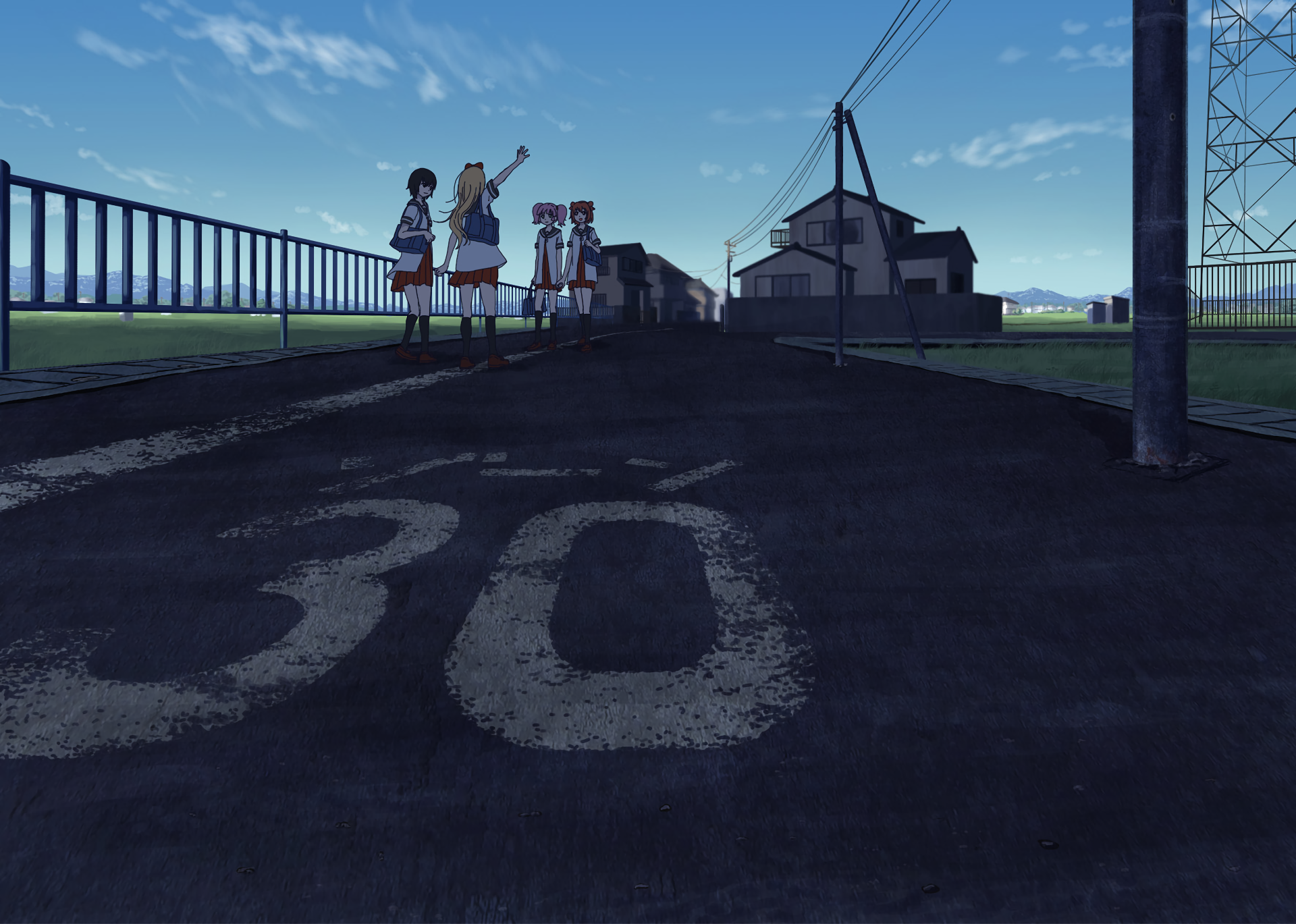 Four schoolgirls on a road with speed limit sign HD Wallpaper