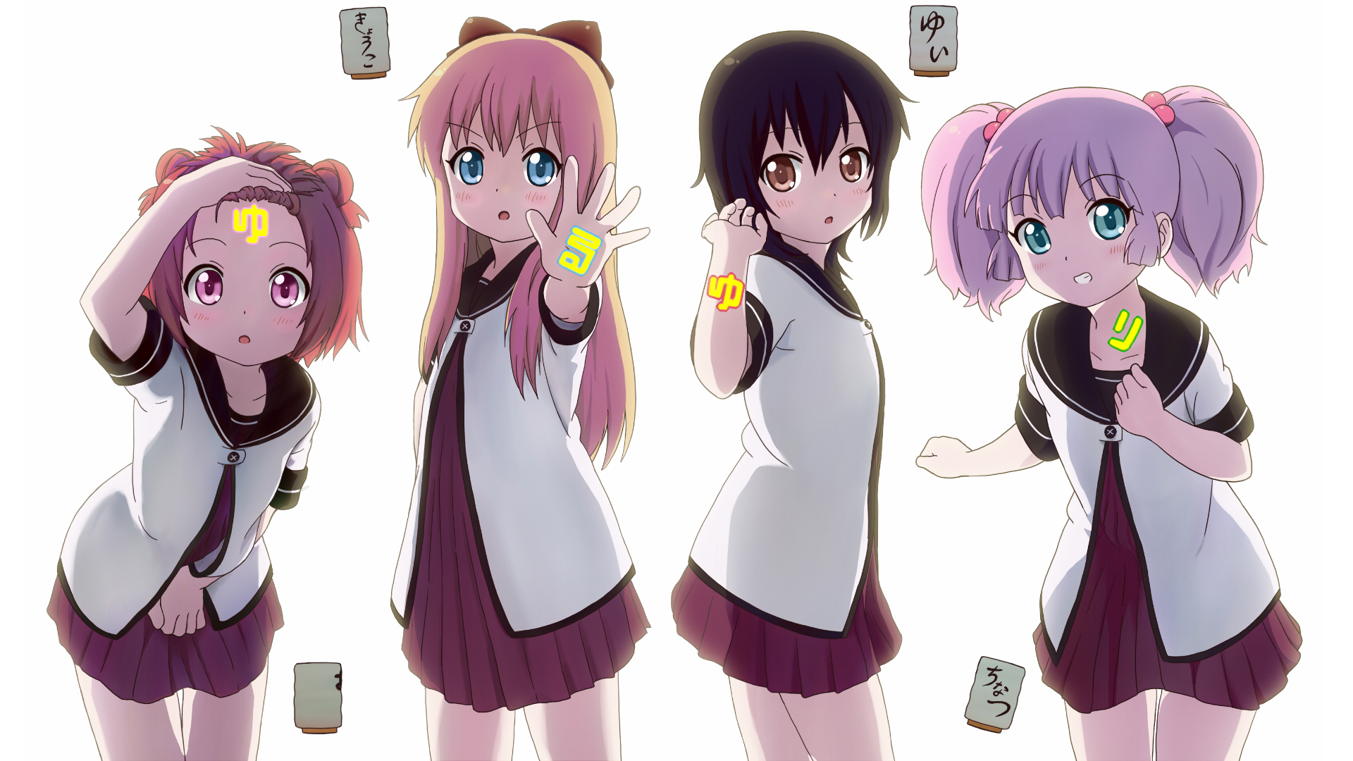 Four anime girls with Japanese characters on them HD Wallpaper