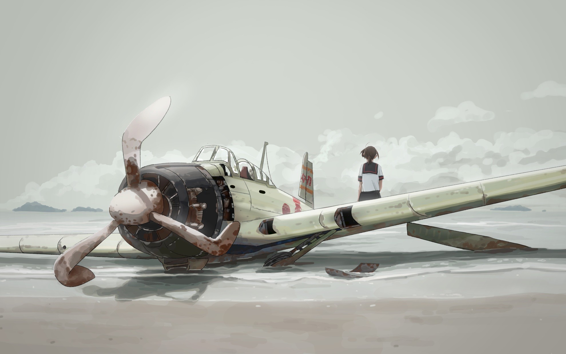 Fubuki from Kancolle on a crashed airplane HD Wallpaper
