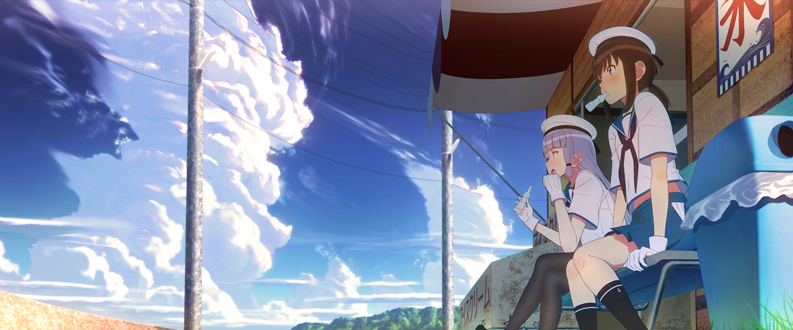 Two girls in sailor uniforms sitting outside HD Wallpaper
