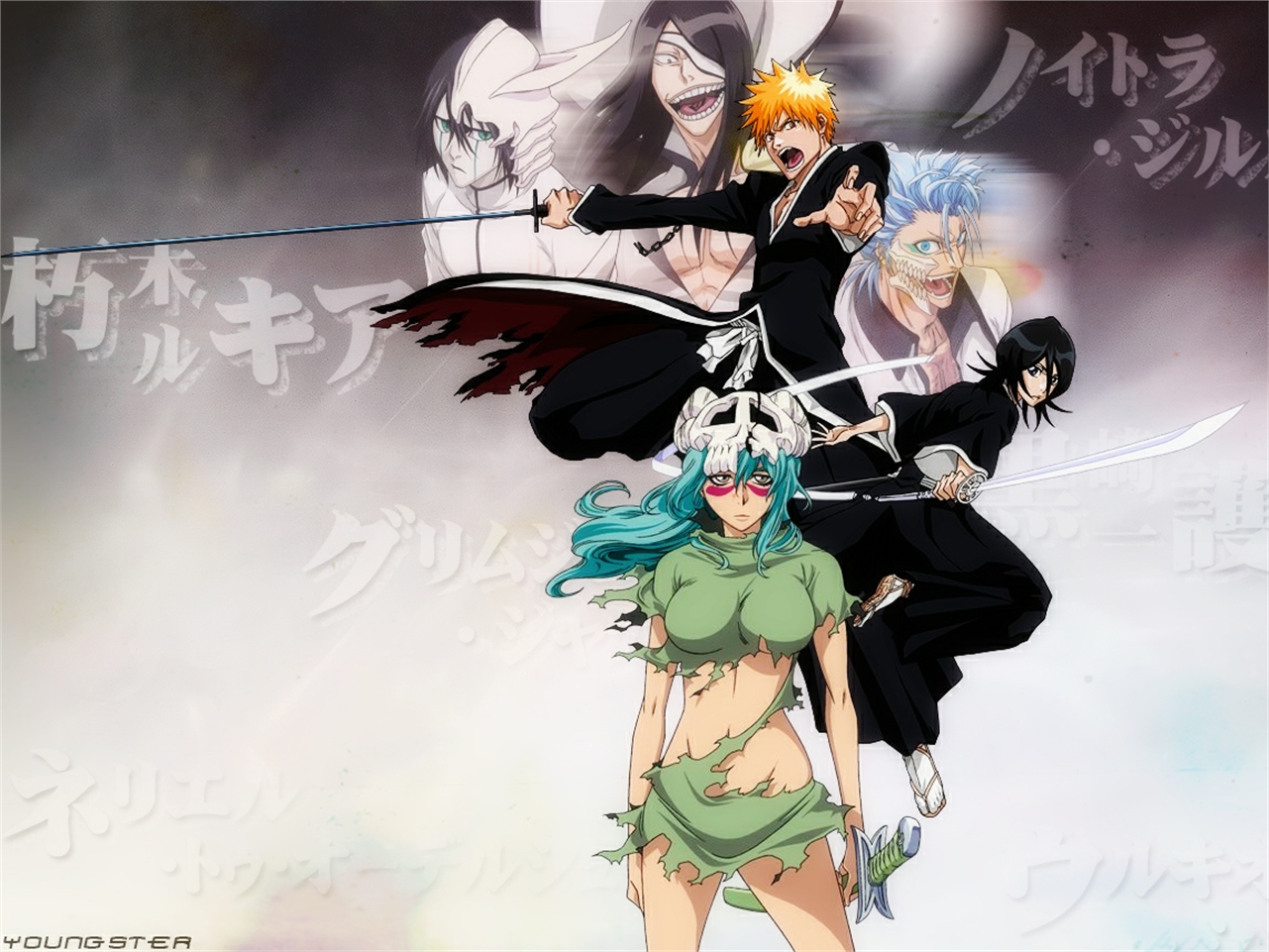 Bleach characters Ichigo, Rukia, Grimmjow, Nnoitra, and Tier HD Wallpaper