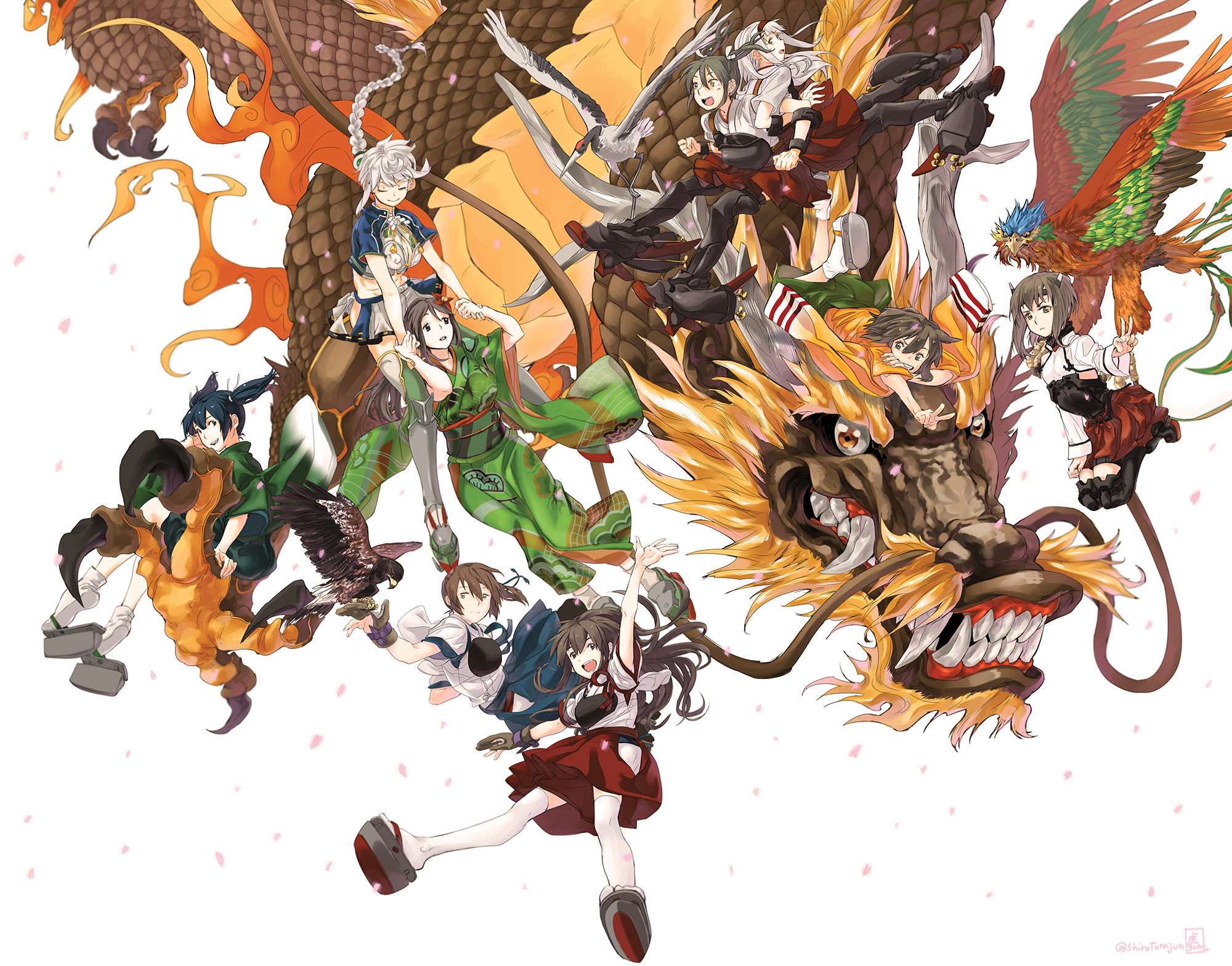 Anime characters with a dragon and phoenix HD Wallpaper