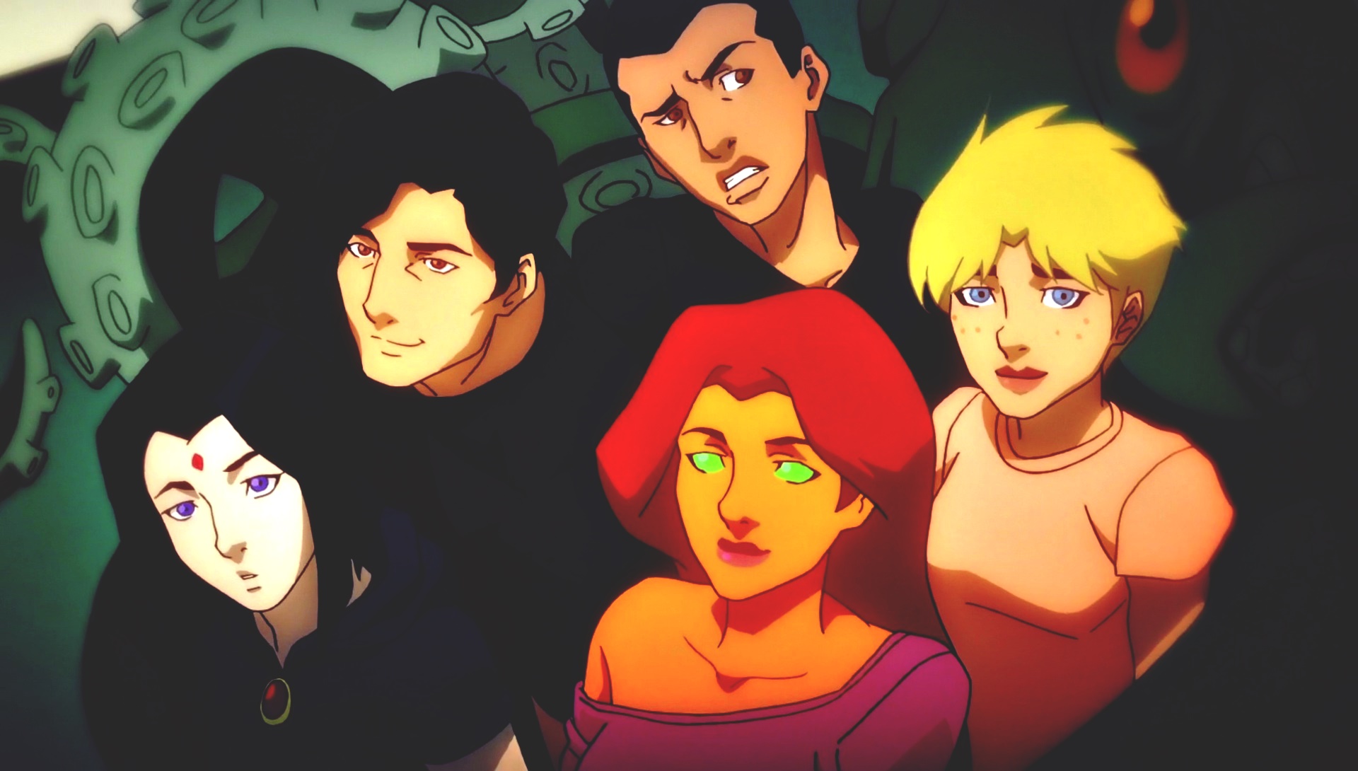 Young Justice characters Raven, Starfire, Robin, Kid Flash, and Blue Beetle HD Wallpaper