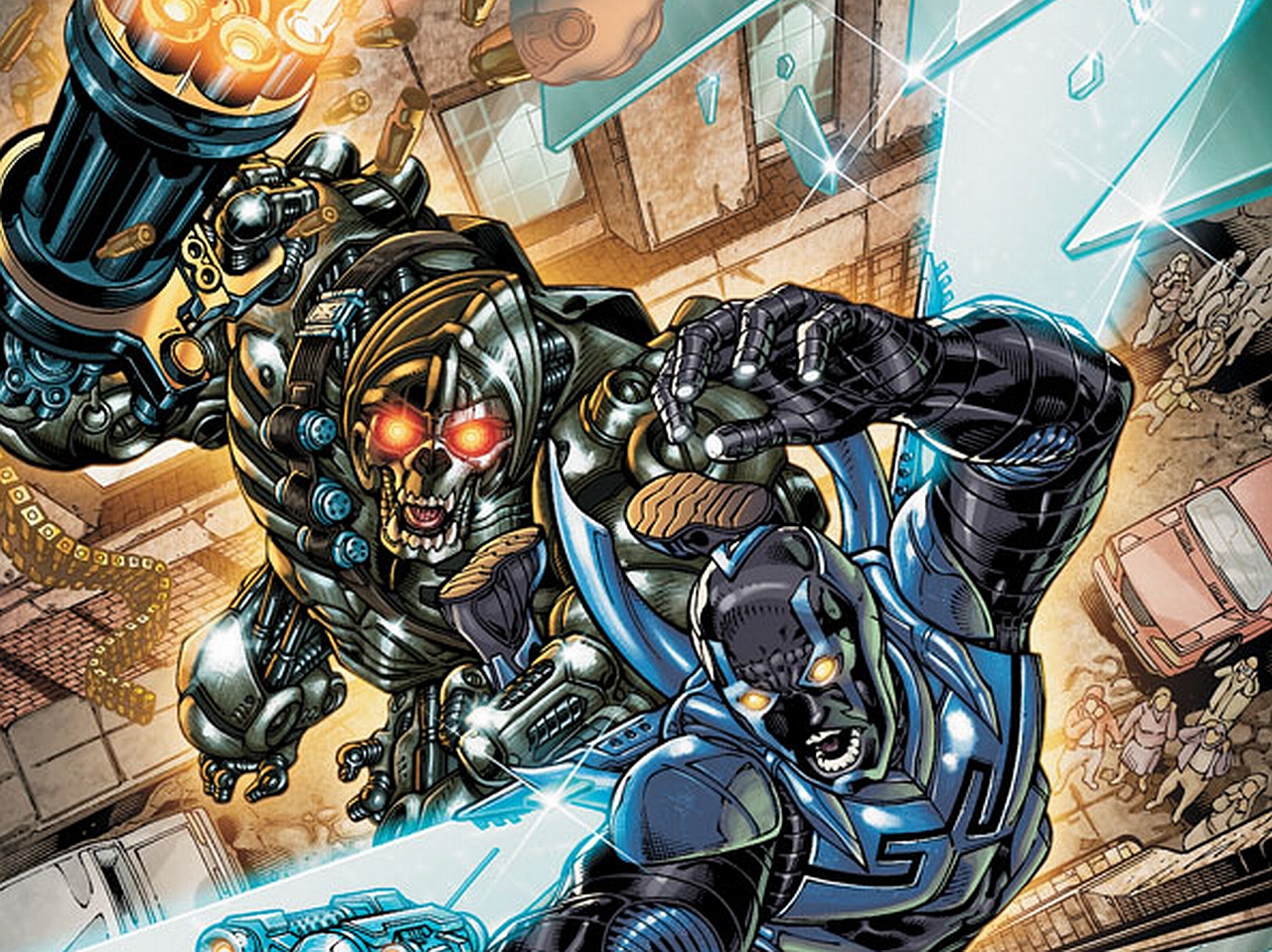 Blue Beetle fighting a robot with a Gatling gun HD Wallpaper