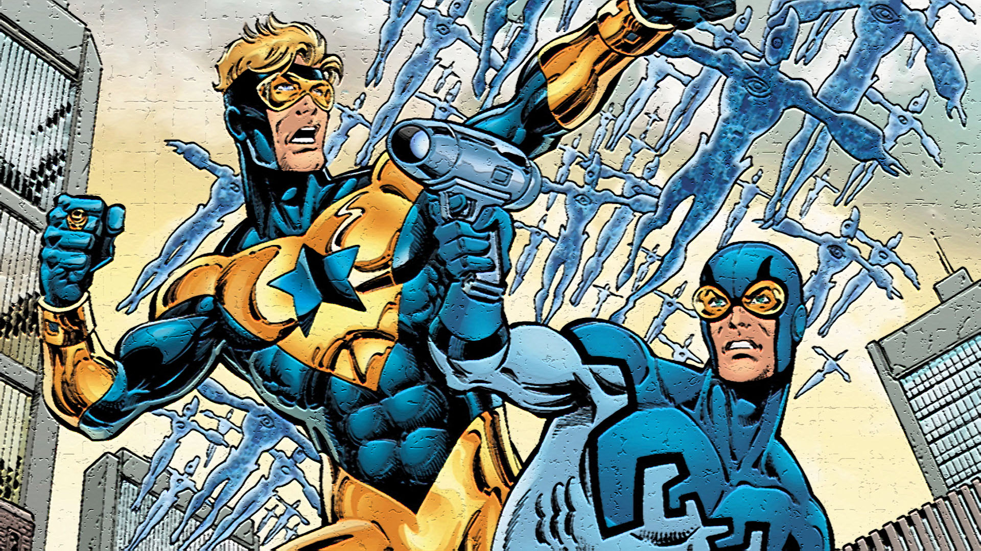 Booster Gold and Blue Beetle fighting blue figures HD Wallpaper