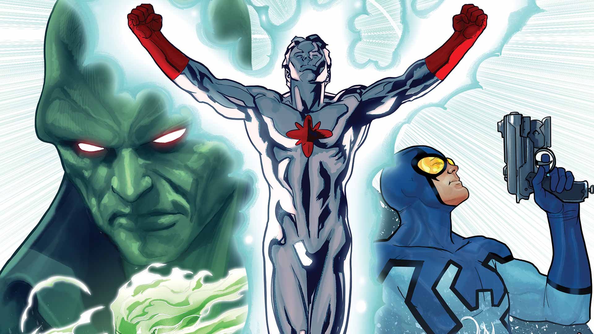 Martian Manhunter, Captain Atom, and Blue Beetle HD Wallpaper