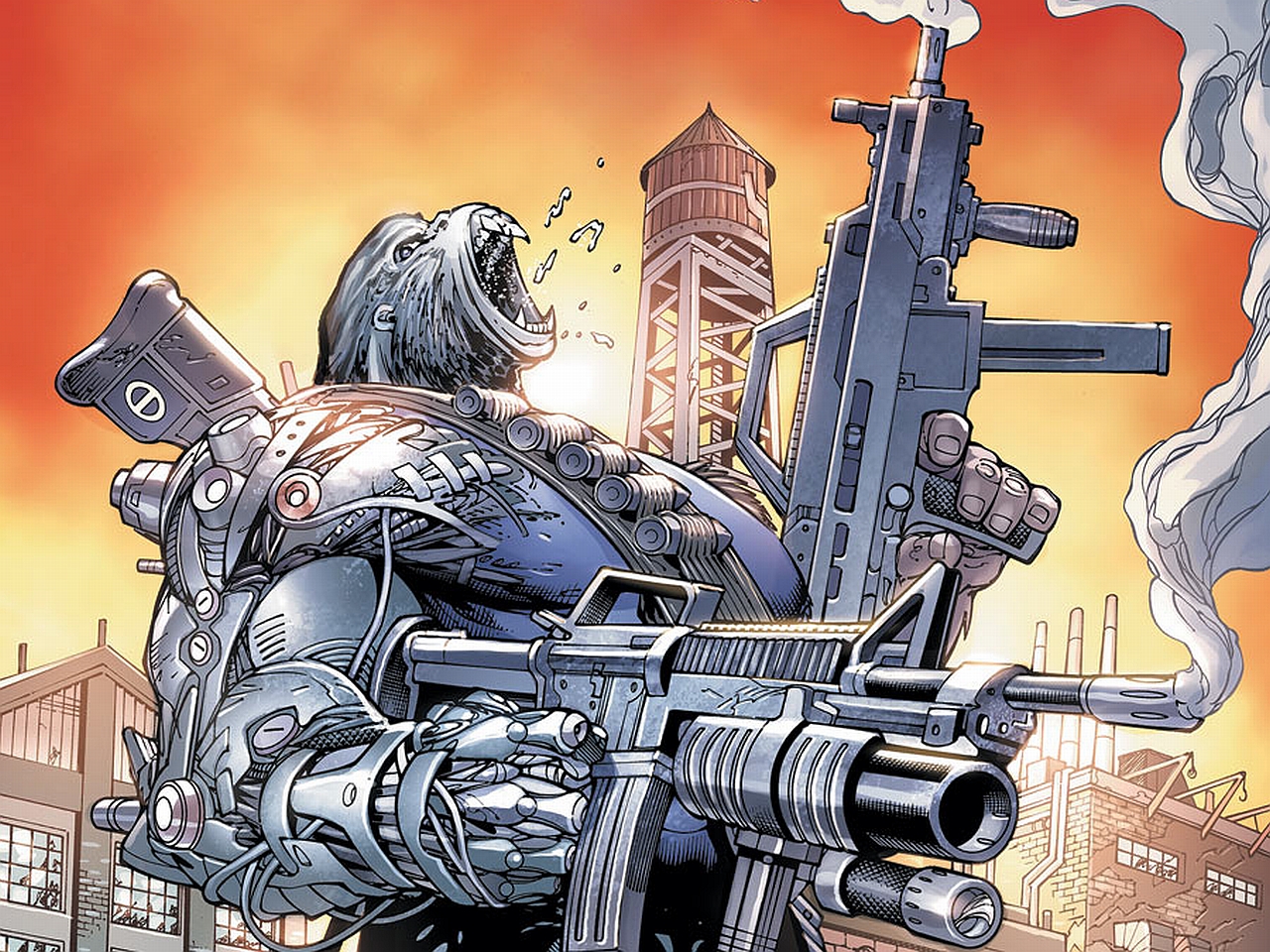 Gorilla Soldier with Cybernetic Arm and Weapons HD Wallpaper