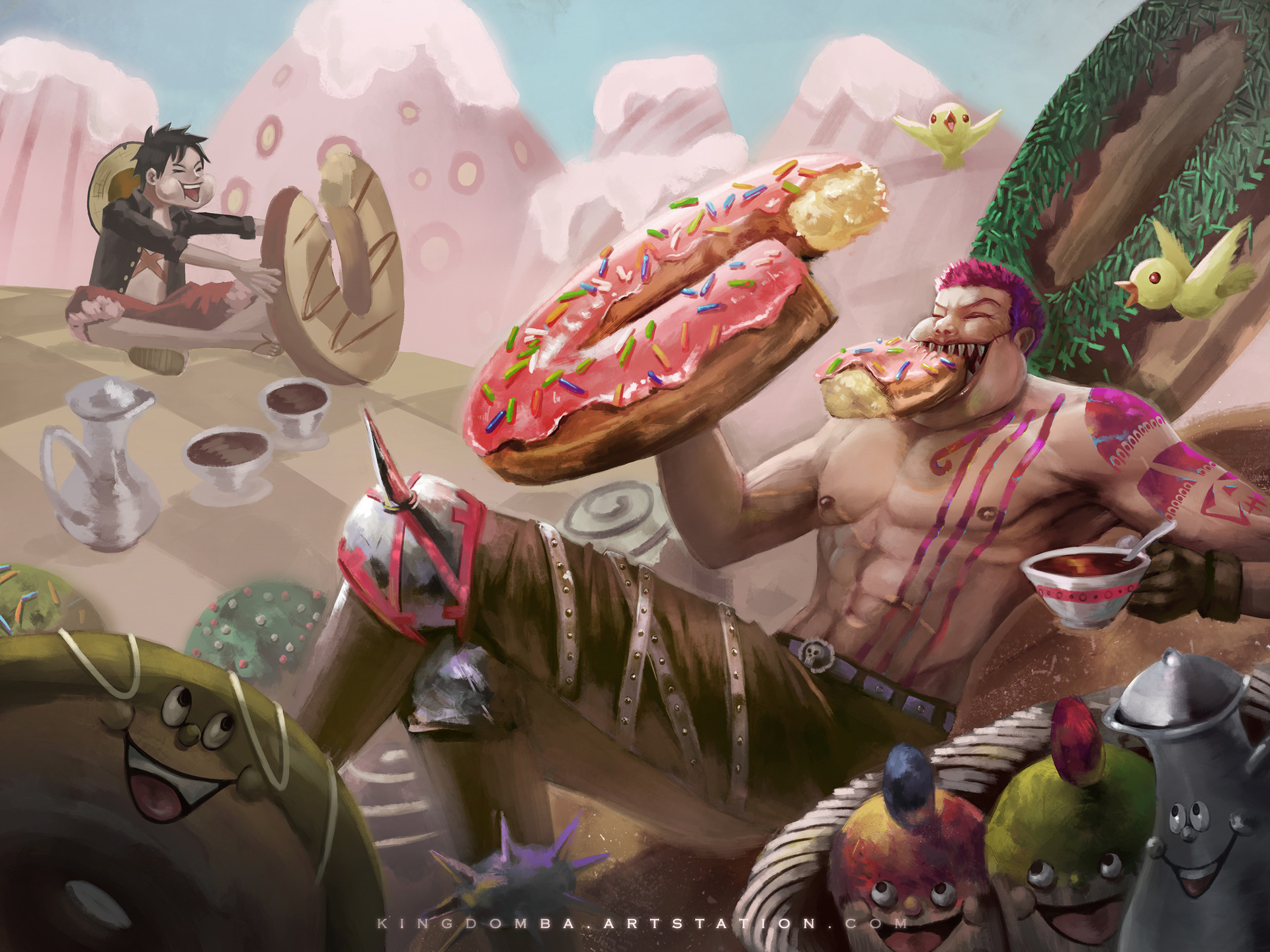 Charlotte Katakuri eating donuts in a candy land HD Wallpaper