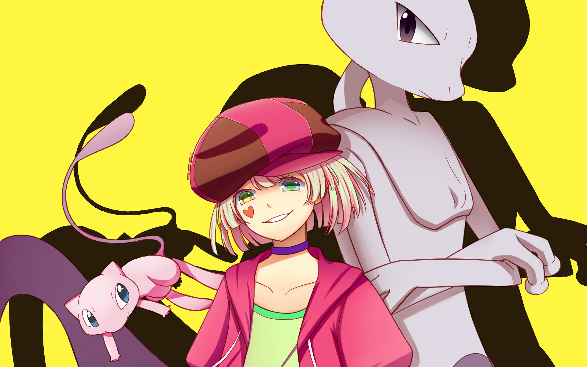 Mewtwo and Mew with a human character HD Wallpaper