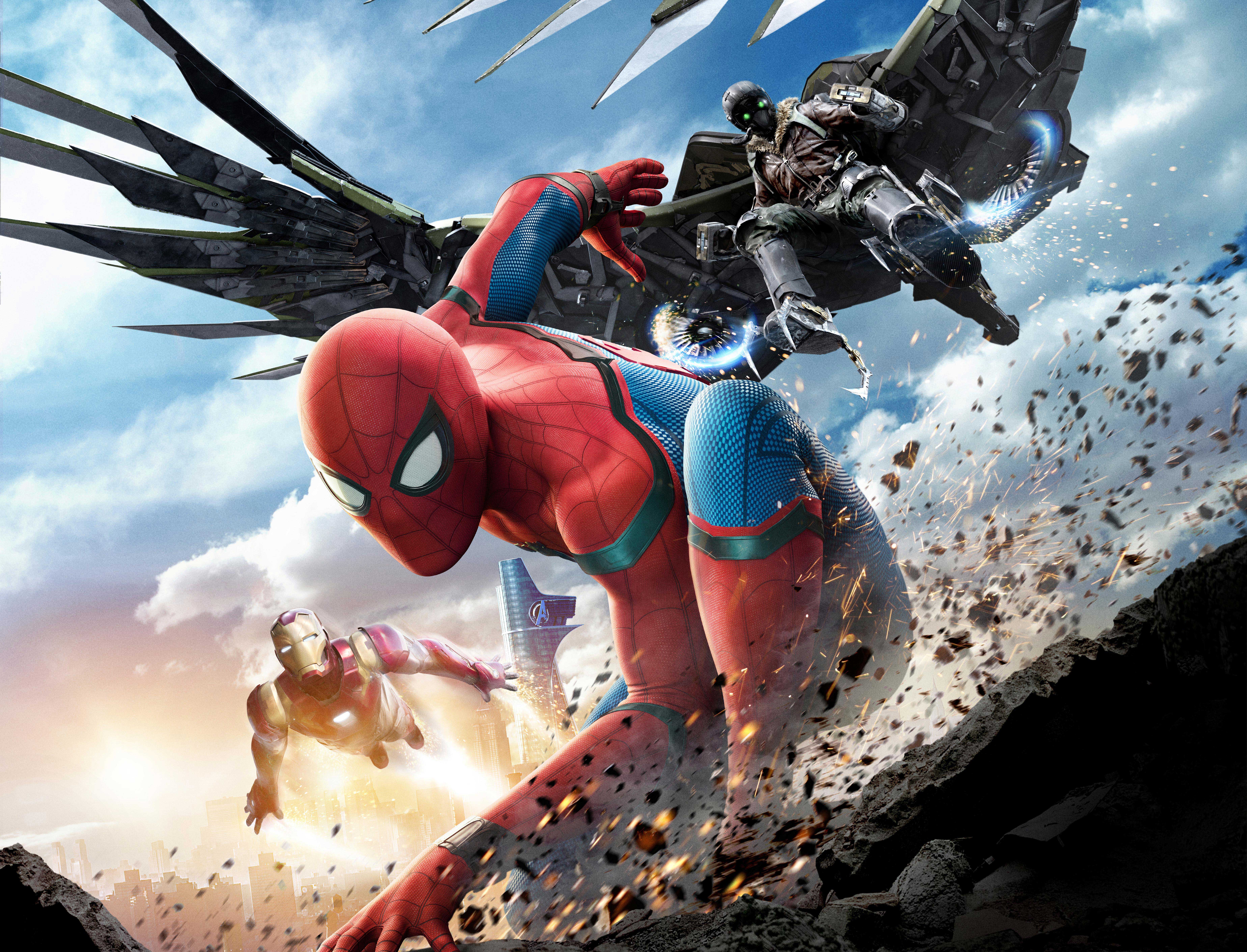 Spider-Man and Iron Man vs. Vulture from Marvel Comics HD Wallpaper