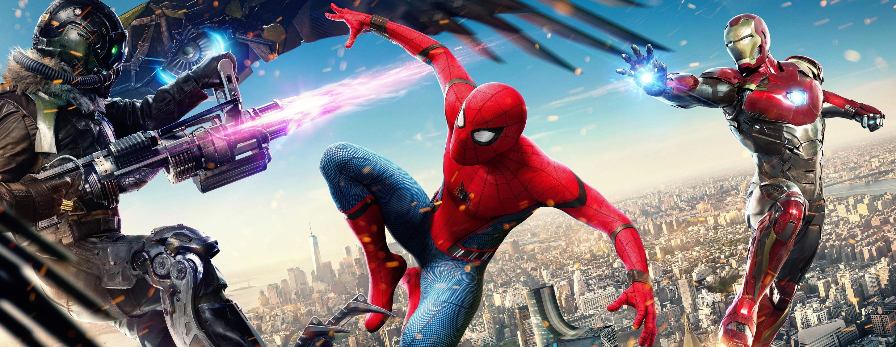 Spider-Man, Iron Man, and Vulture in battle HD Wallpaper