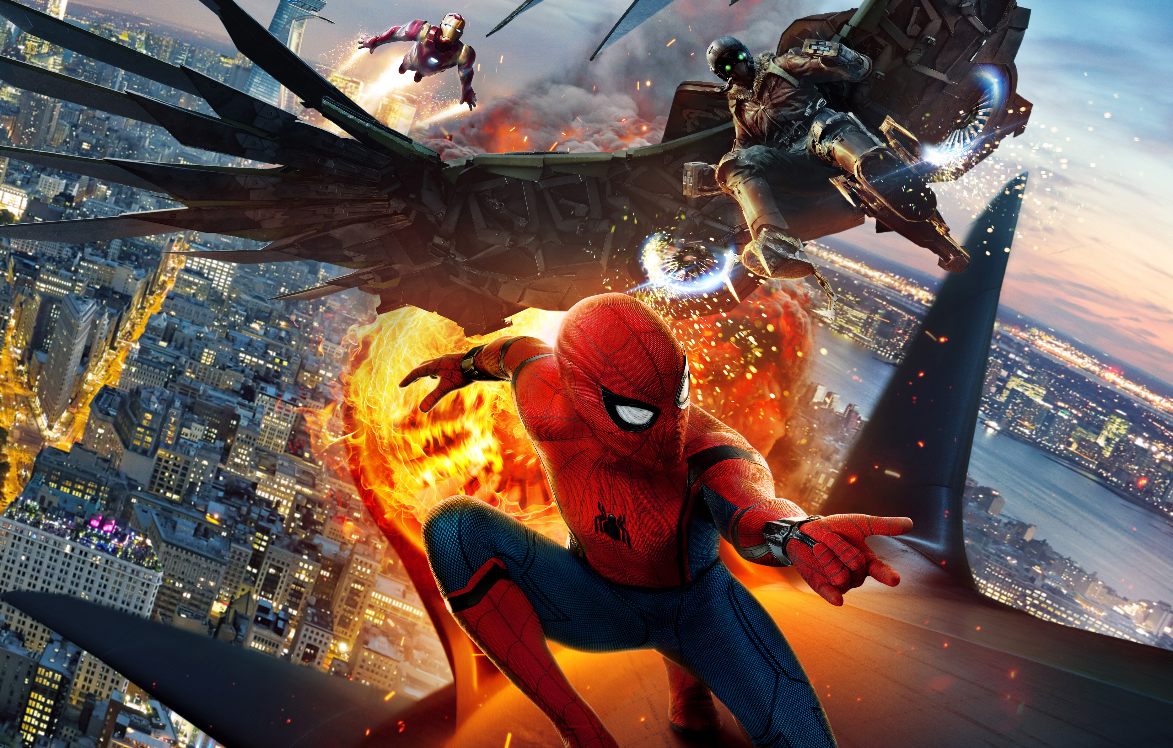 Spider-Man, Iron Man, and Vulture in battle HD Wallpaper
