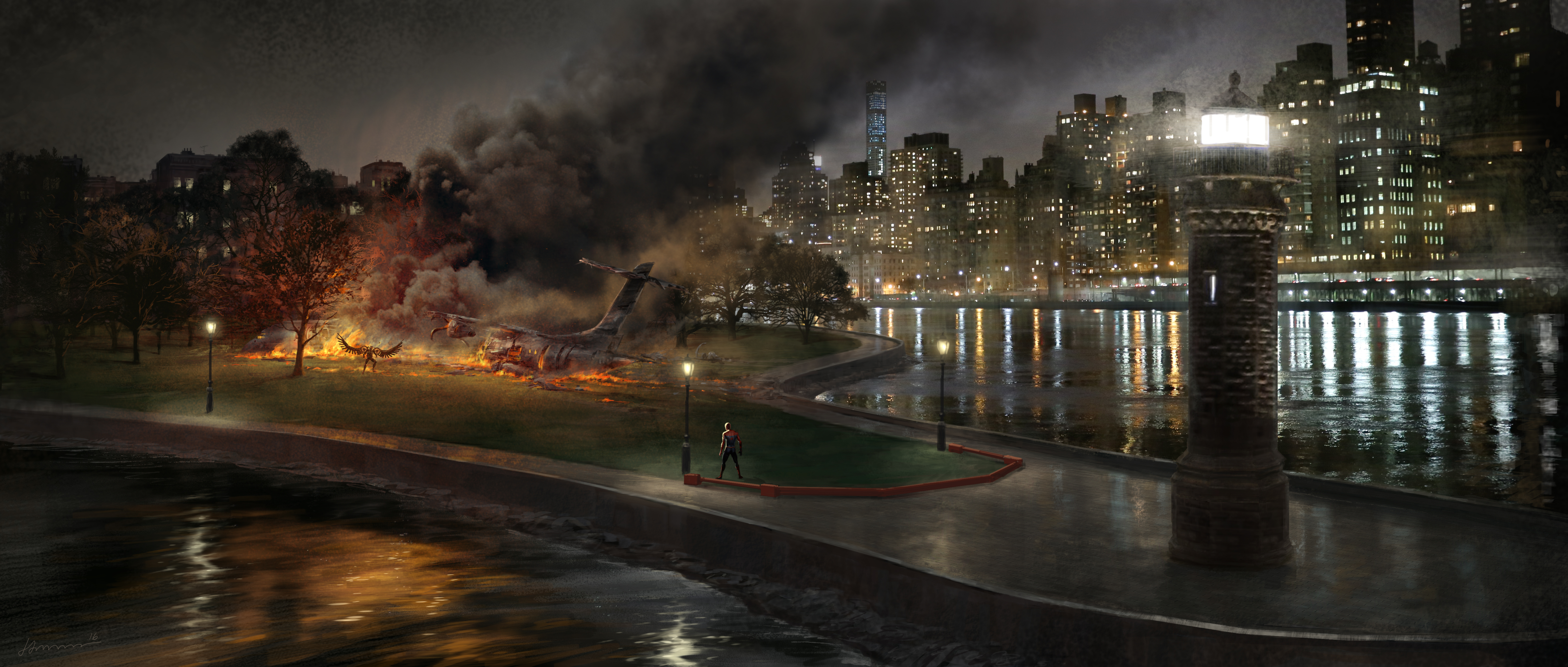 Vulture from Marvel Comics crashes in a burning park at night HD Wallpaper