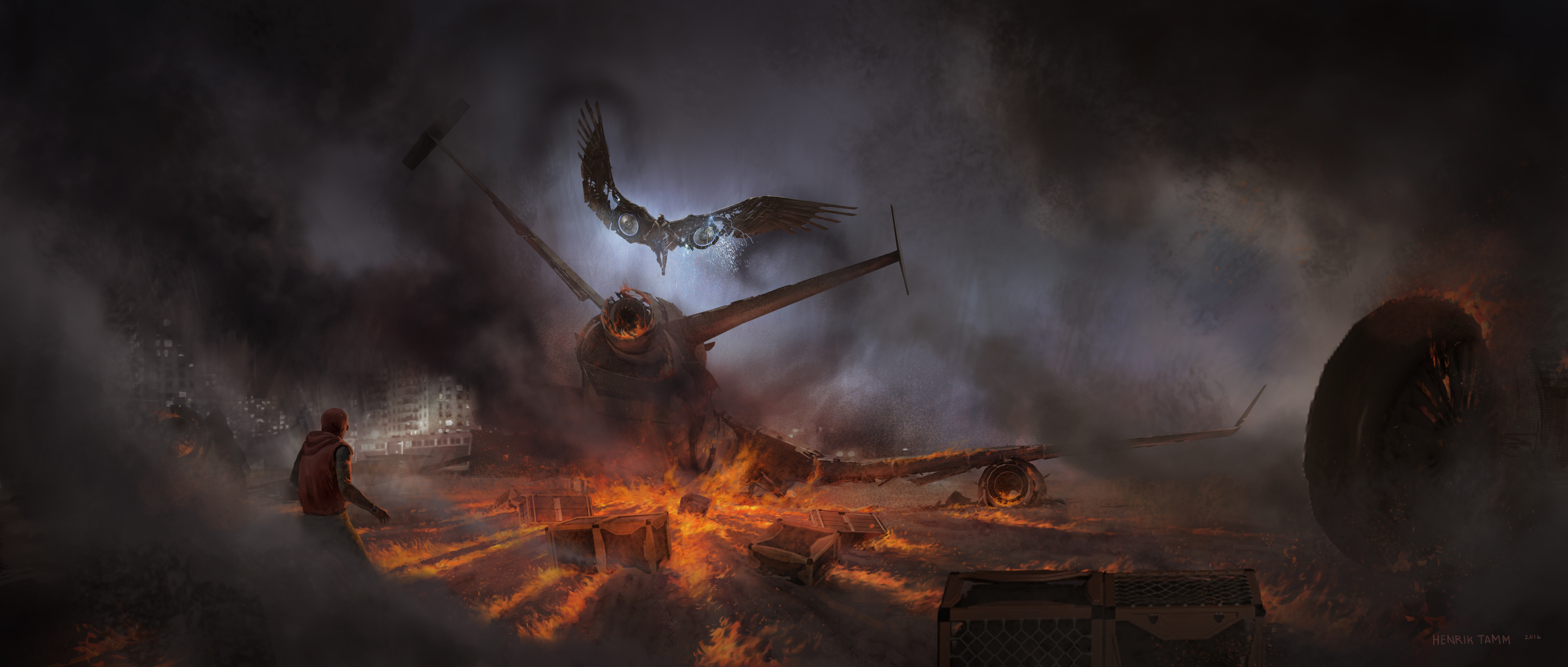 Vulture from Marvel Comics in a fiery crash scene HD Wallpaper
