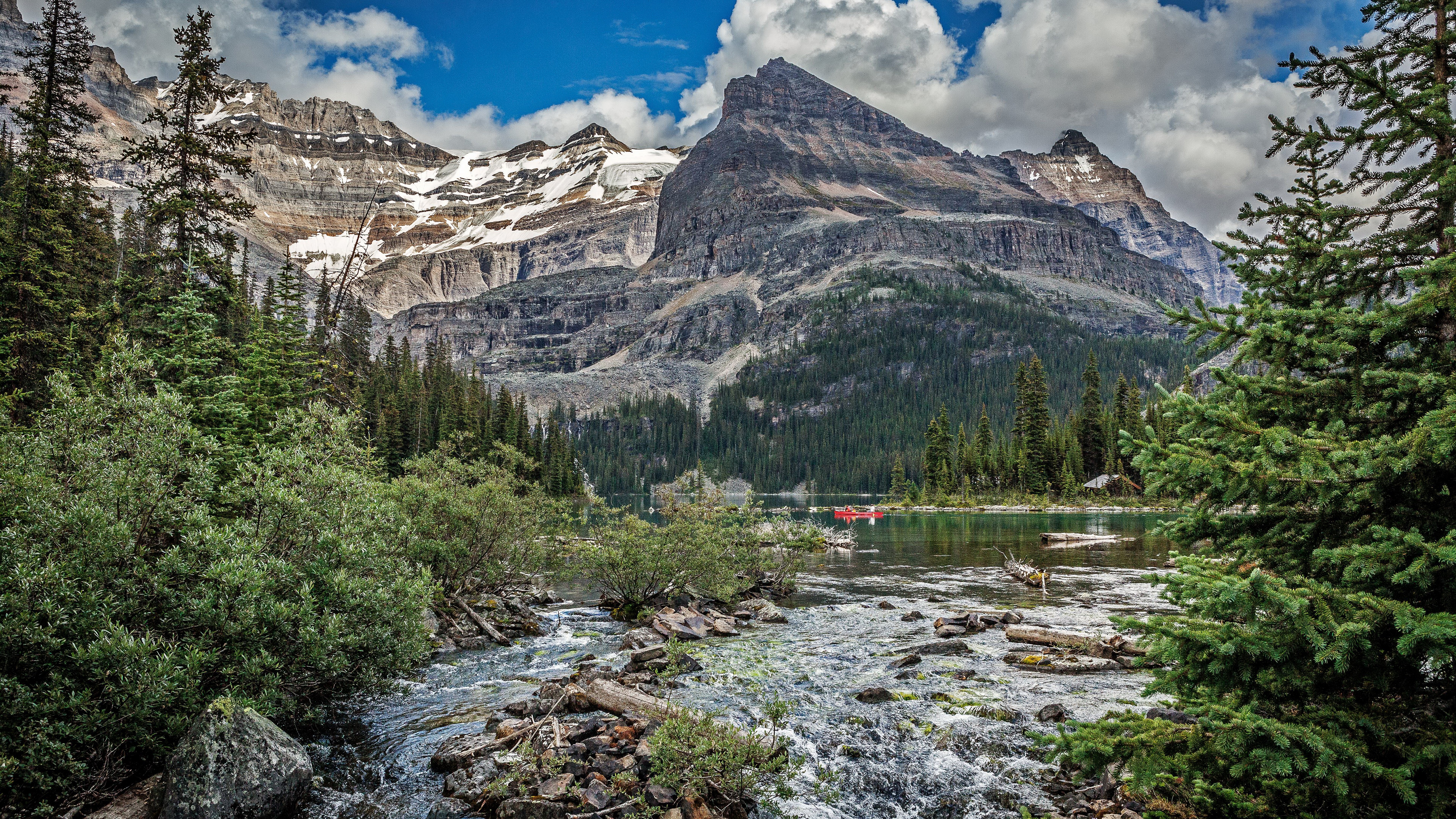 Mountain lake with trees and a stream HD Wallpaper