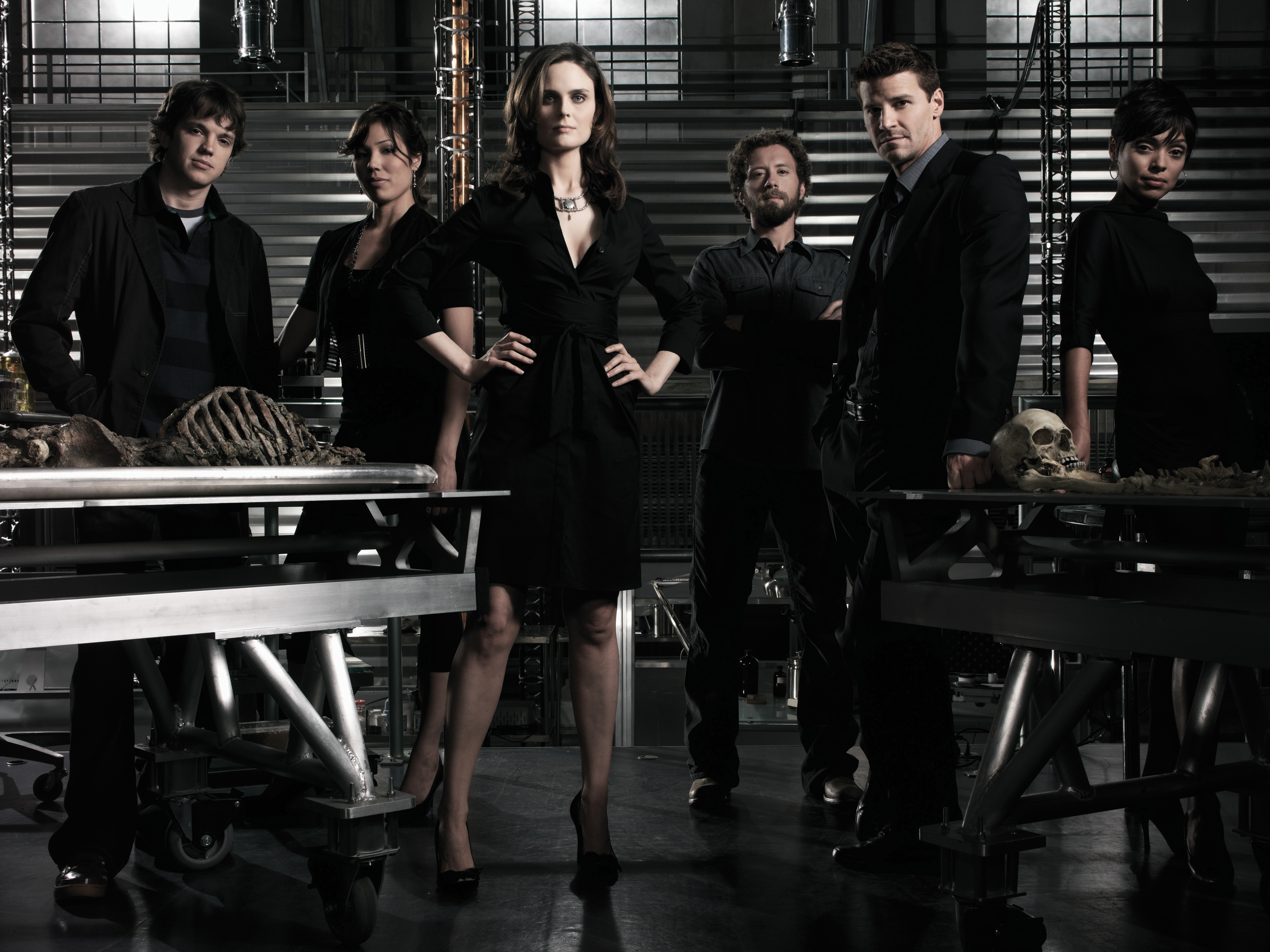 Bones cast posing with skeletons HD Wallpaper