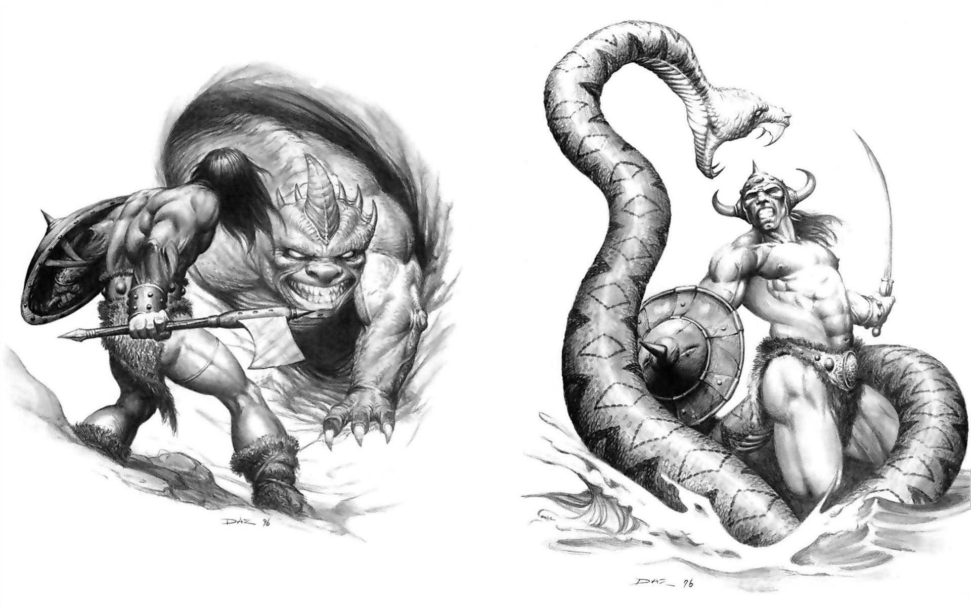Conan fighting a monster and a snake HD Wallpaper