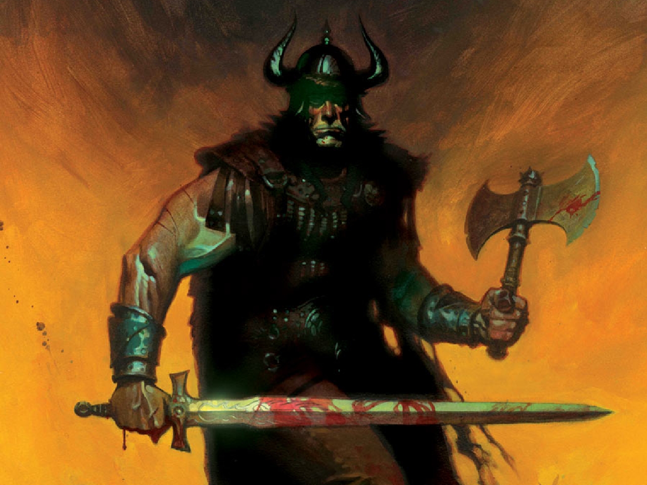 Conan the Barbarian holding sword and axe HD Wallpaper